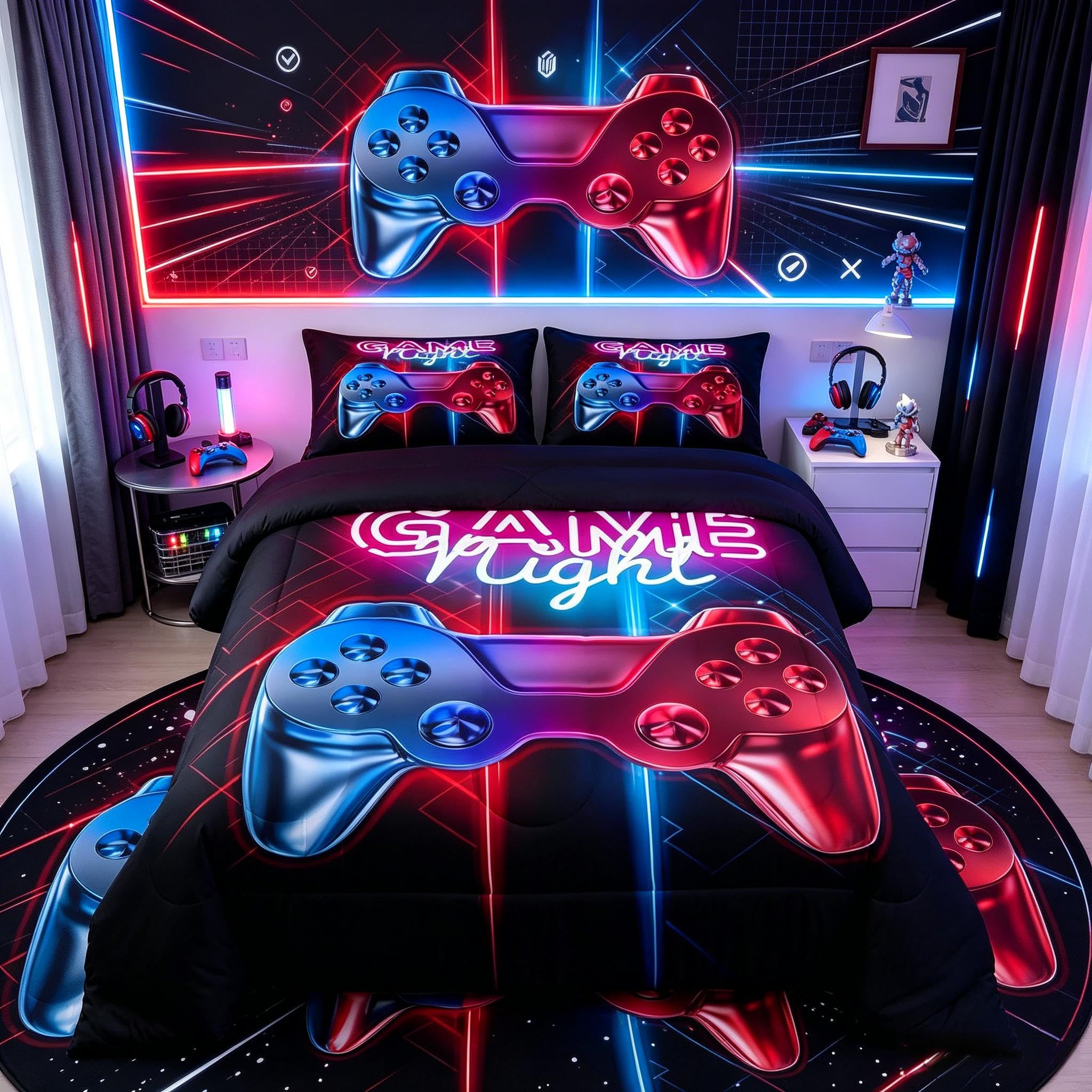 Chłopcy gamepad puchowy zestaw pościeli nastolatki gracz zestaw pościeli nowoczesny niebieski czerwony kontroler gier wideo puchowa kołdra dzieci wielokolorowa konsola dla graczy guziki akcji kołdra wkładka / zestaw kołdry podwójny rozmiar