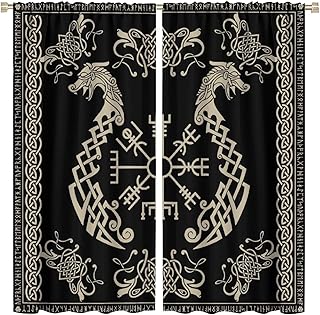 Vikings Symbol Twins Dragons Curtains Window Ancient Symbols Twins Dragons Nordic Vikings Print Thermal Insulated Room Curtains for Living Room Curtains Darkening 63x63in