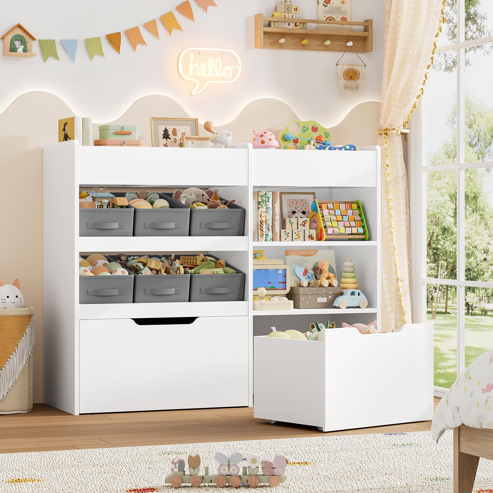 HOCSOK Estantería infantil con estantería para libros con 4 ruedas | Estantería infantil con 6 cajas, estantería para juguetes, habitación infantil, para dormitorio infantil, color blanco