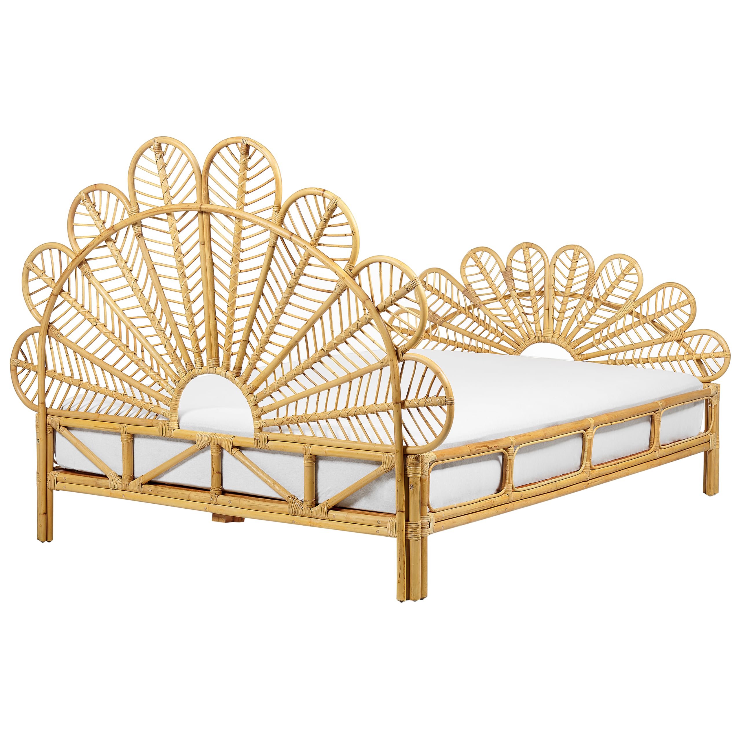 Lit Double Rotin Salbris Beliani – 160x200cm, Tête Tressée, Style Bohème, Acajou