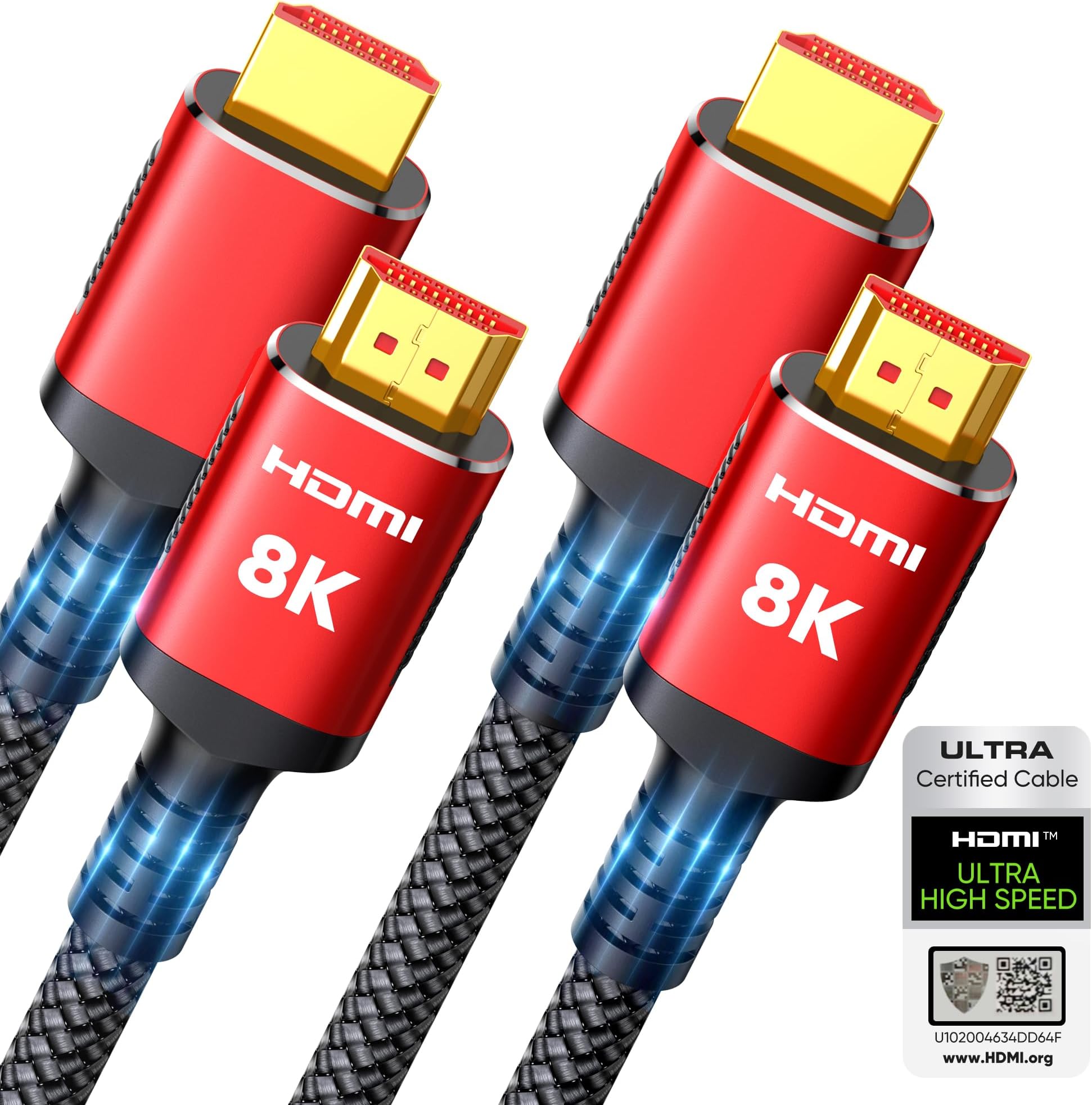 Snowkids 8K HDMI Cable 2.1 10FT 2-Pack, 48Gbps Ultra High Speed HDMI Braided Cord (8K@60Hz 7680x4320, 4K@120Hz) HDCP 2.2&2.3, eARC,HDR10, Dynamic HDR, Compatible with Roku TV/HDTV/PS5/Blu-ray