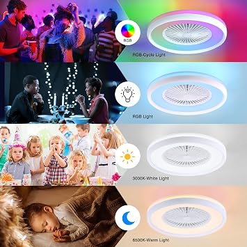 24 Bladeless Ceiling Fan with RGB Light Remote, Smart LED Ceiling Fans with Voice/App Control, Modern Low Profile Dimmable Light Ceiling Fan for Bedroom Living Room White