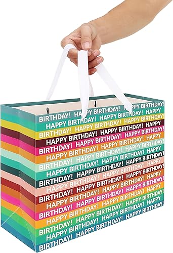 Miniatura 6 de Juego de bolsas de regalo grandes y coloridas de 13 pulgadas con tarjeta de felicitación y papel de seda (rayas coloridas y feliz cumpleaños) para
