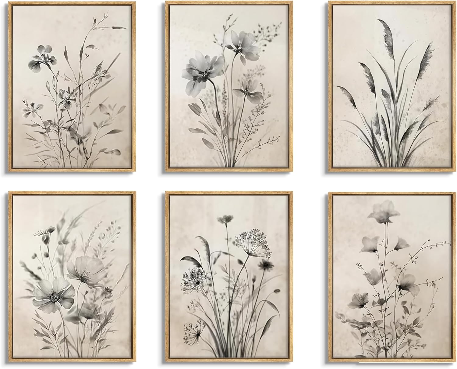 Vintage Boho Botanical Posters Wall Art Set of 6, Black and White Flower Canvas Wall Decor Paintings, Modern Farmhouse Floral Artwork Prints Pictures for Living Room Bedroom 12x16 Inch Unframed