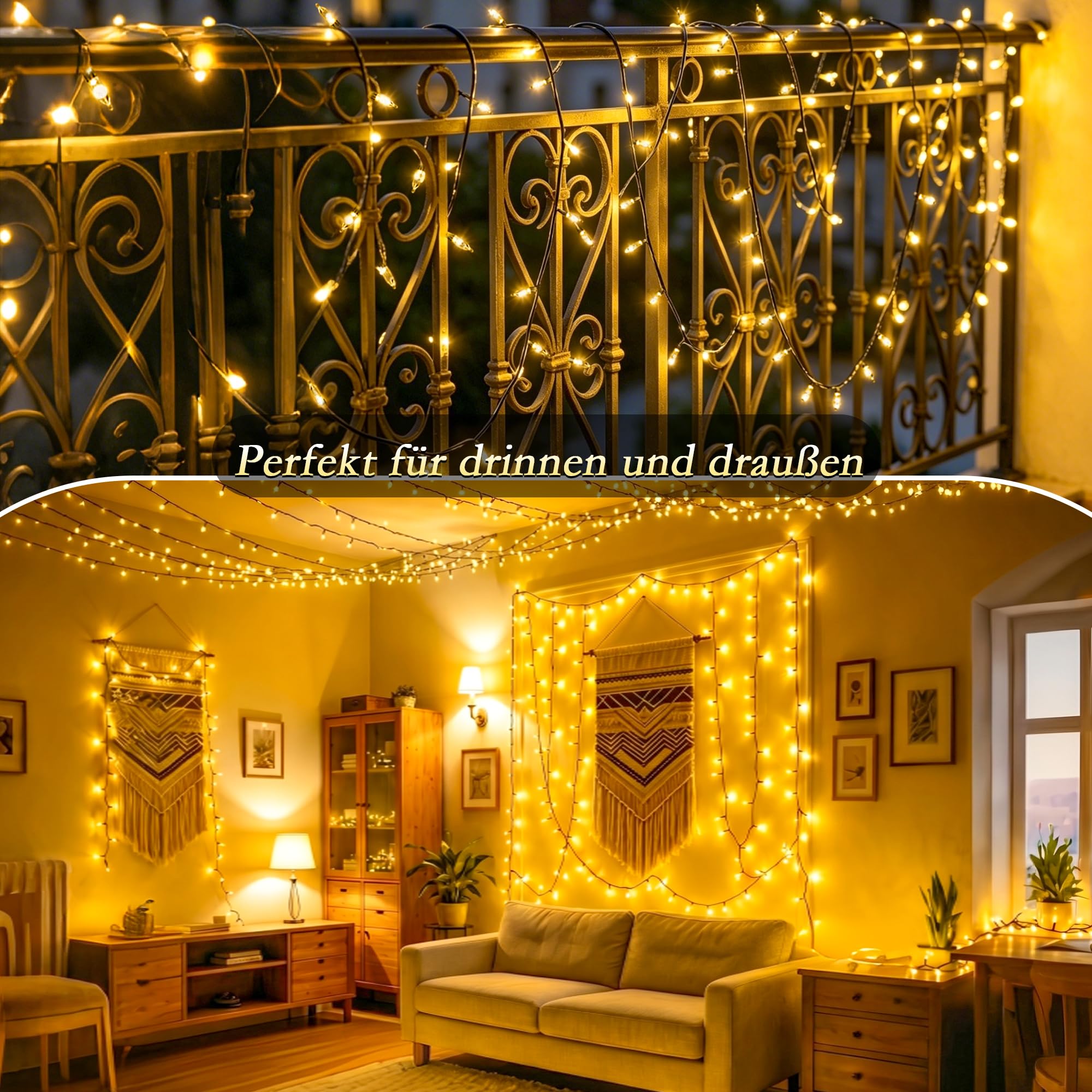 Cadena de luces para exteriores, blanco cálido, 25 m, 500 LED con cable verde, IP44, impermeable, regulable, 8 modos, temporizador y mando a distancia, cadena de luces para jardín, balcón