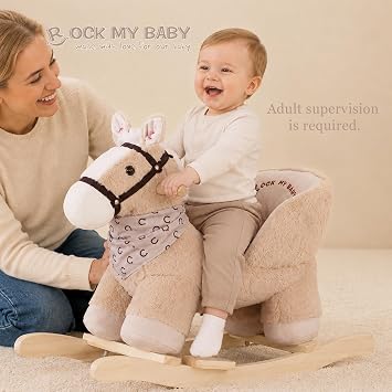 Rock My Baby Rocking Horse with Seat, Plush Ride-On Rocker with Realistic Sound, Wooden Rocking Horse for Toddlers Ages 1-3, Caramel Horse, CPC Certified