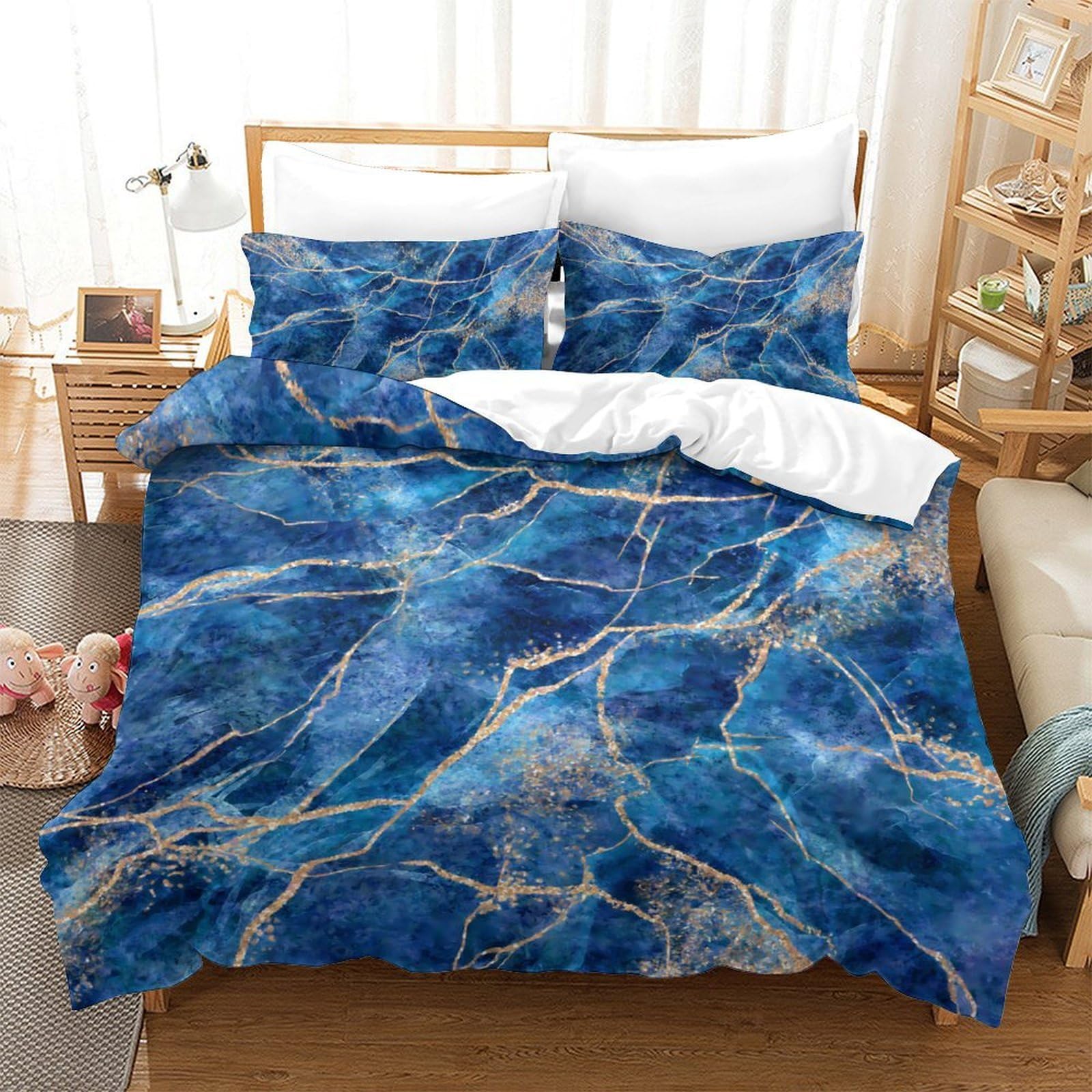 Housse de couette zippée marbre bleu 140x200cm pour enfiler votre couette sans effort