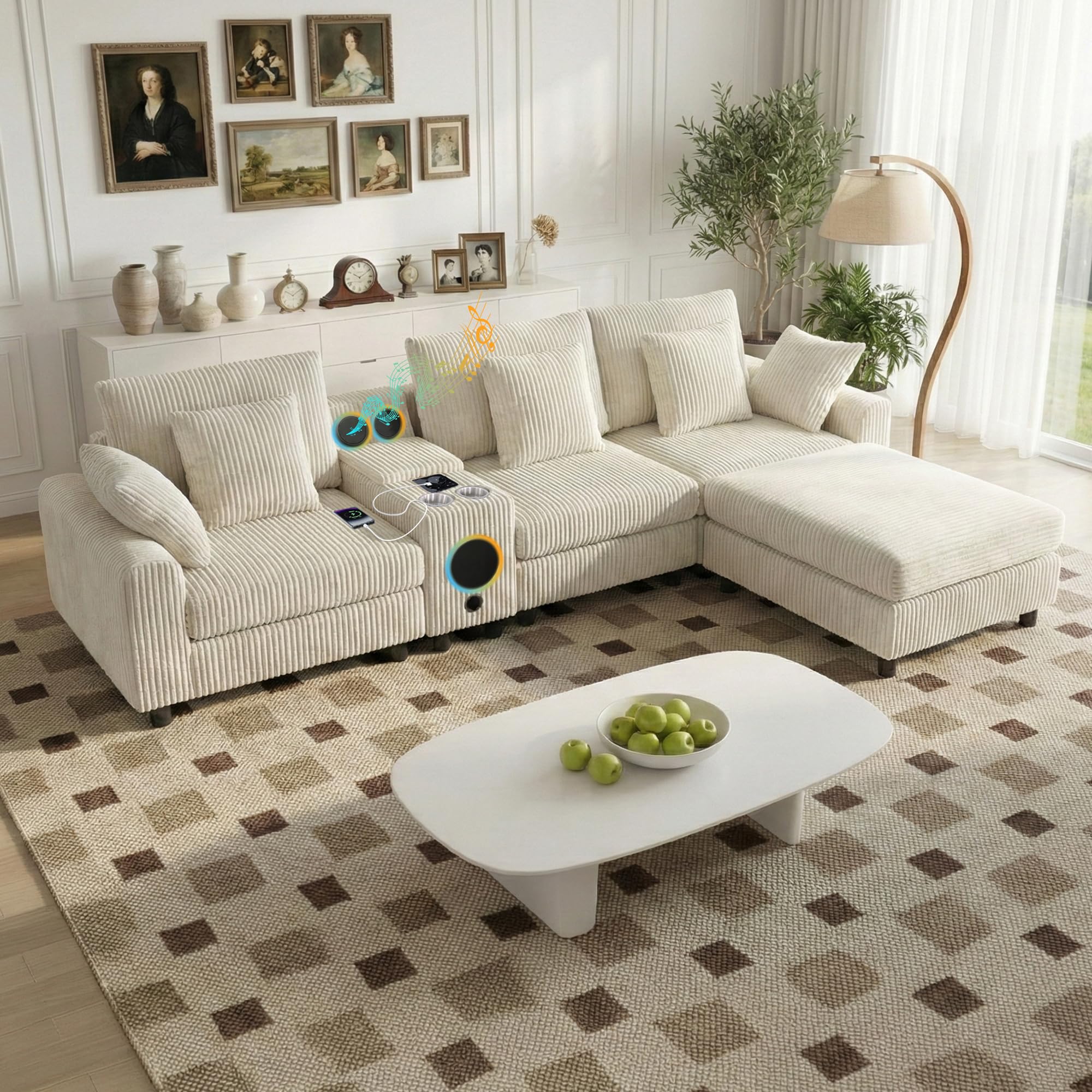 MAKIAAP 114" Corduroy Sectional Modular Couch with Speakers, L Shaped Couches Comfy Deep Sofa with Console, USB Charger, Cup Holders, Storage, Ottoman