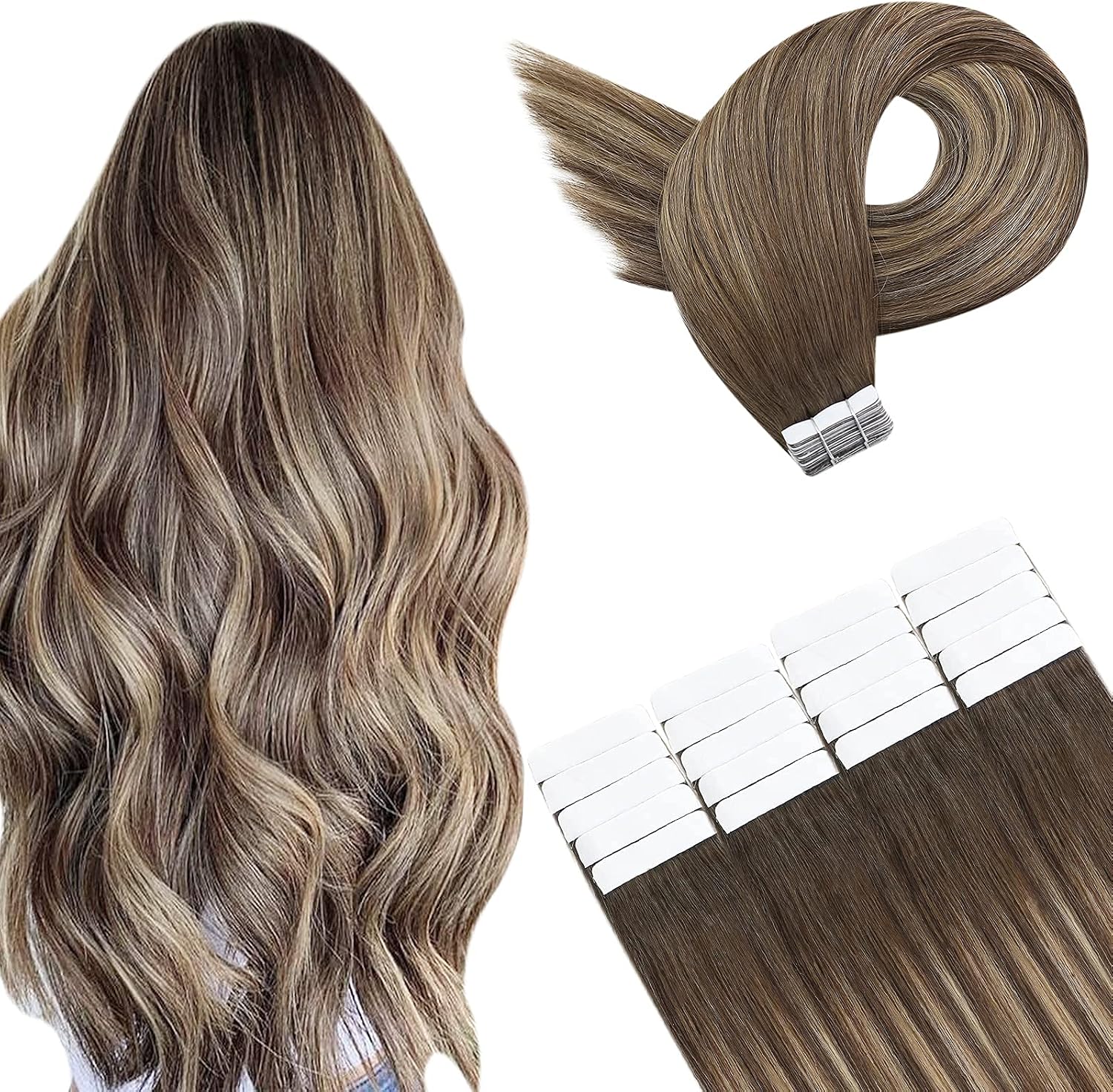 YoungSee Tape in Hair Extensions Balayage Brown Seamless Tape ins Human Hair Extensions Ombre Dark Brown to Blonde Lightweight Hair 12Inch 20pcs 30g