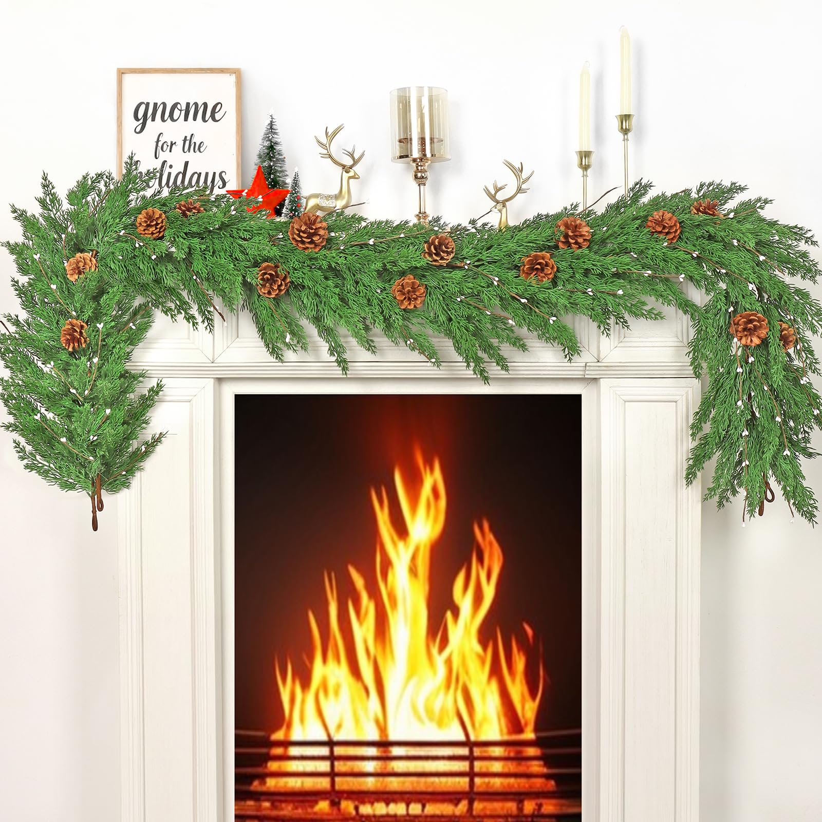 Betylifoy Ghirlanda natalizia artificiale 2PCS Ghirlanda artificiale di pino di Norfolk con bacche bianche e pigne 195CM Foglie verdi realistiche al tatto Corona (2)