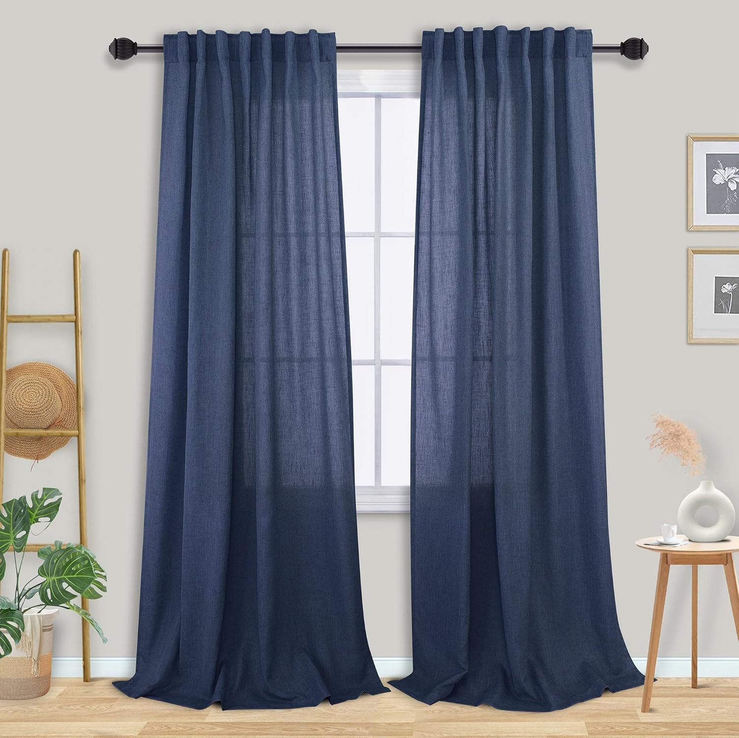Mrs.Naturall Navy Blue Linen Curtains 52x96 Inch Length for