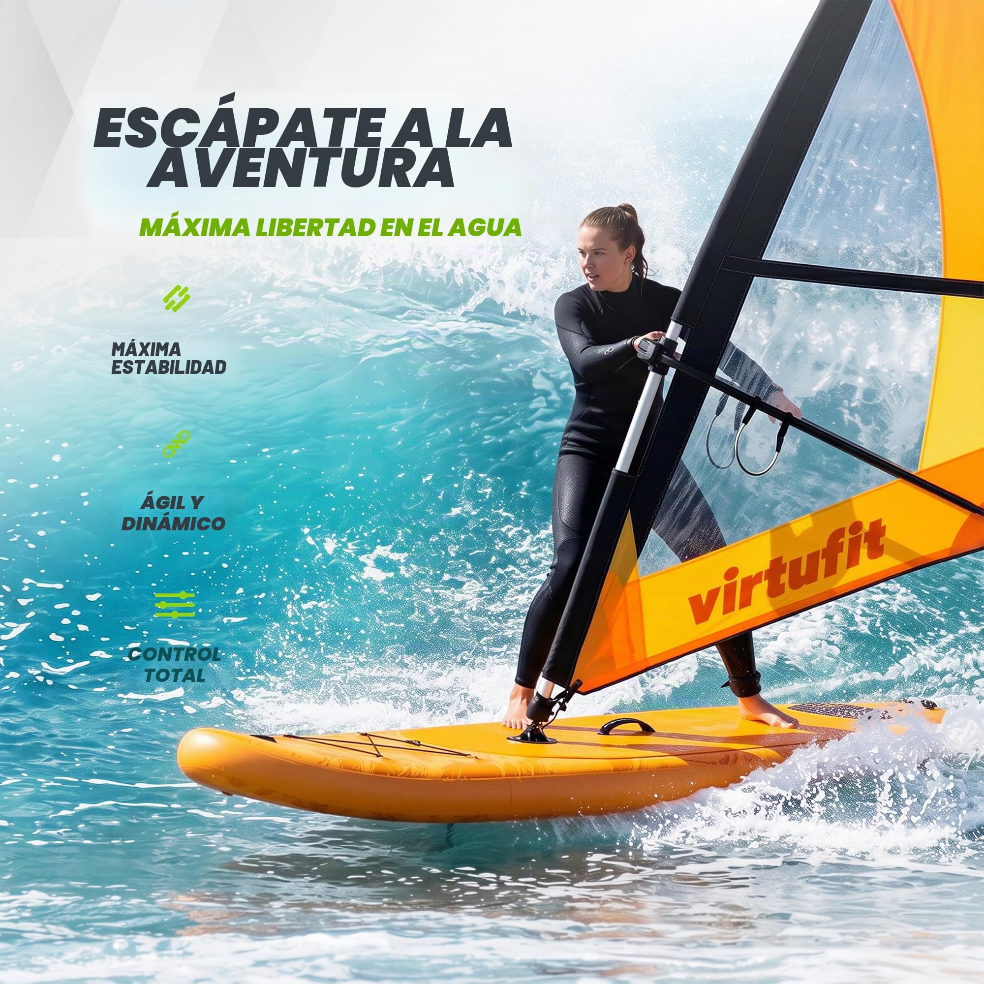 VirtuFit SUP Board Surfer 305 - Tabla de surf hinchable con vela de windsurf - Stand Up Paddle Board negro, incluye accesorios, remo, bomba, bolsa de transporte, soporte para GoPro, principiantes
