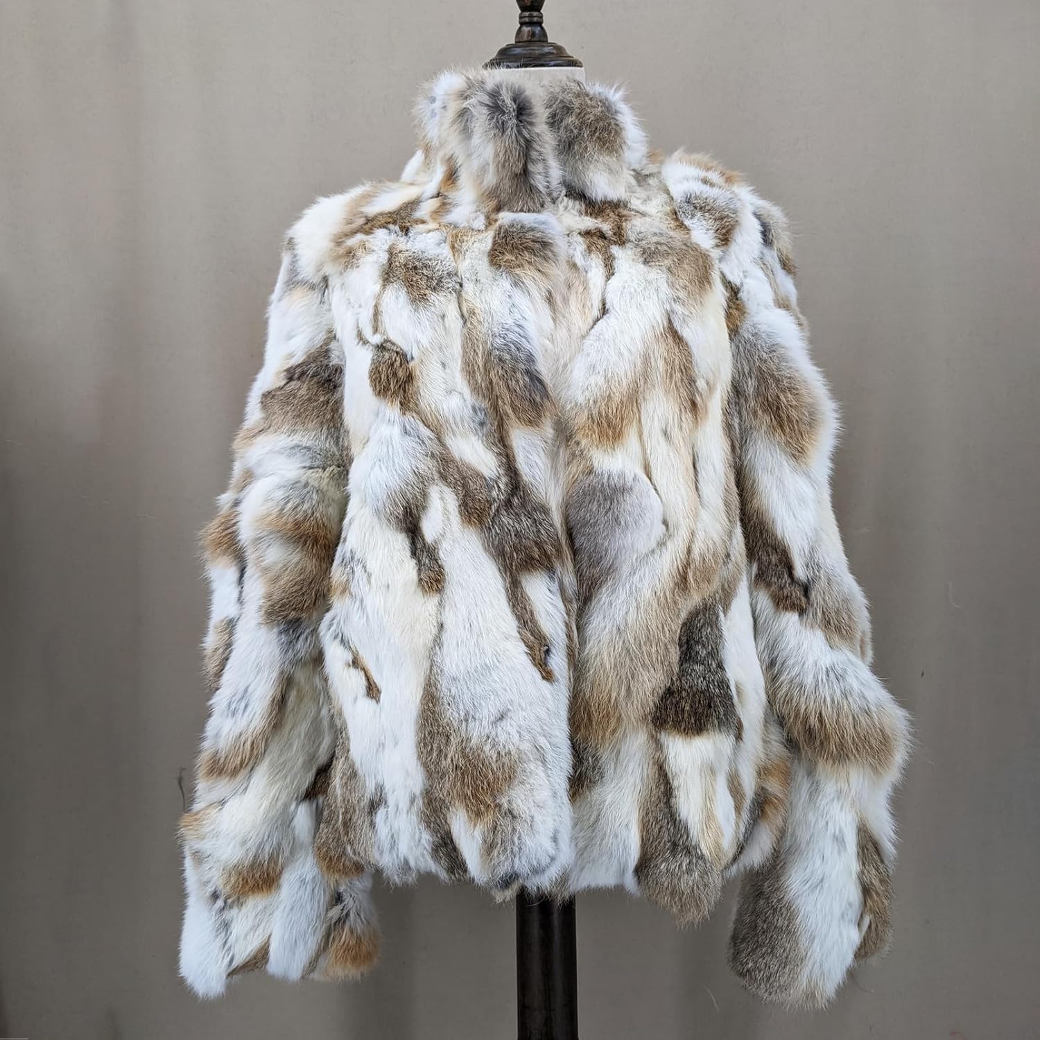 LVCOMEFF Women Real Rabbit Fur Coat Furry High Collar Natural Brown Color Winter Warm