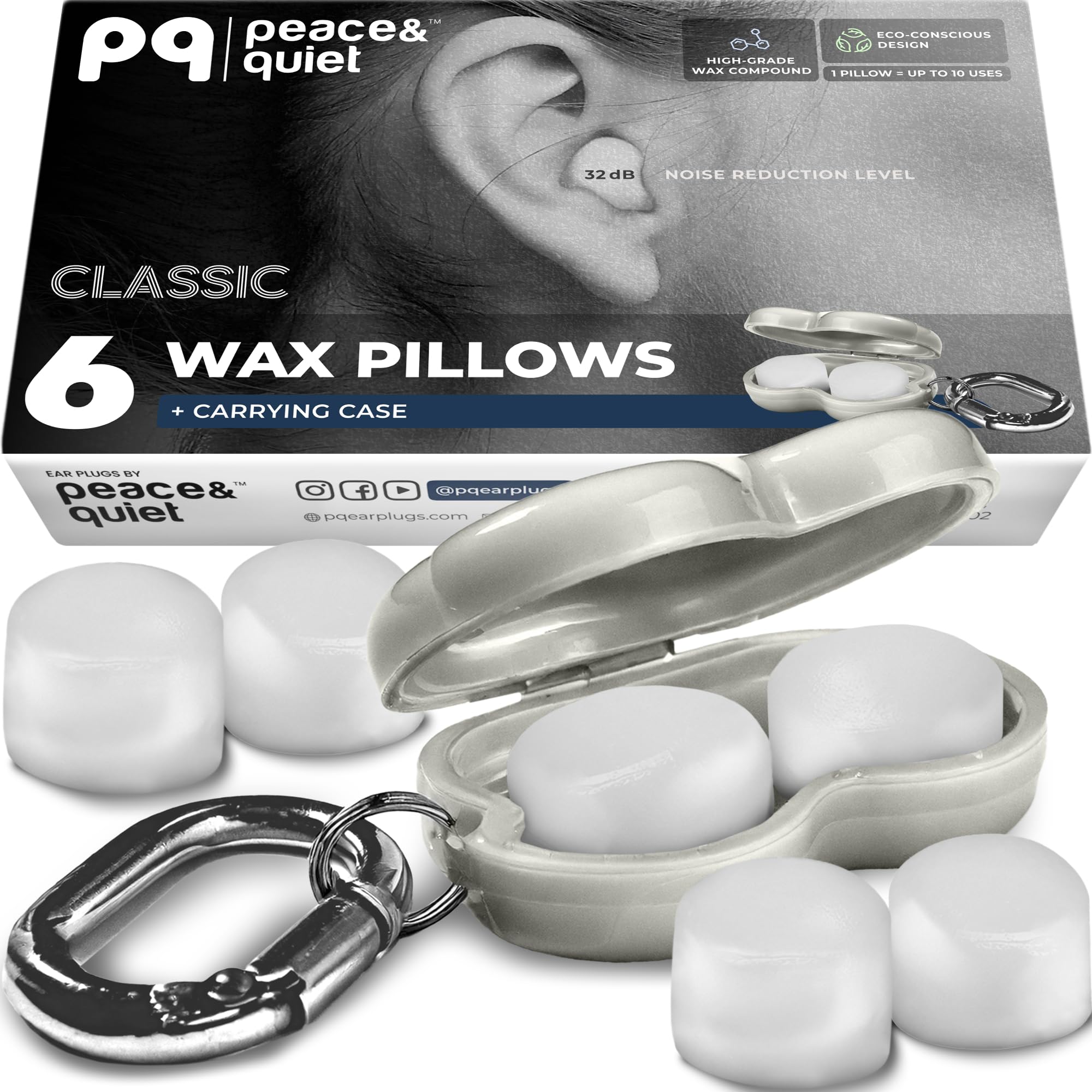 PQ Wax Ear Plugs for Sleep - 6 Silicone Wax Earplugs for Sleeping and Swimming - Gel Ear Plugs for Noise Cancelling, Ear Protection - Sleeping Earplugs with Sound Blocking 32 Db (6-Pillows). White