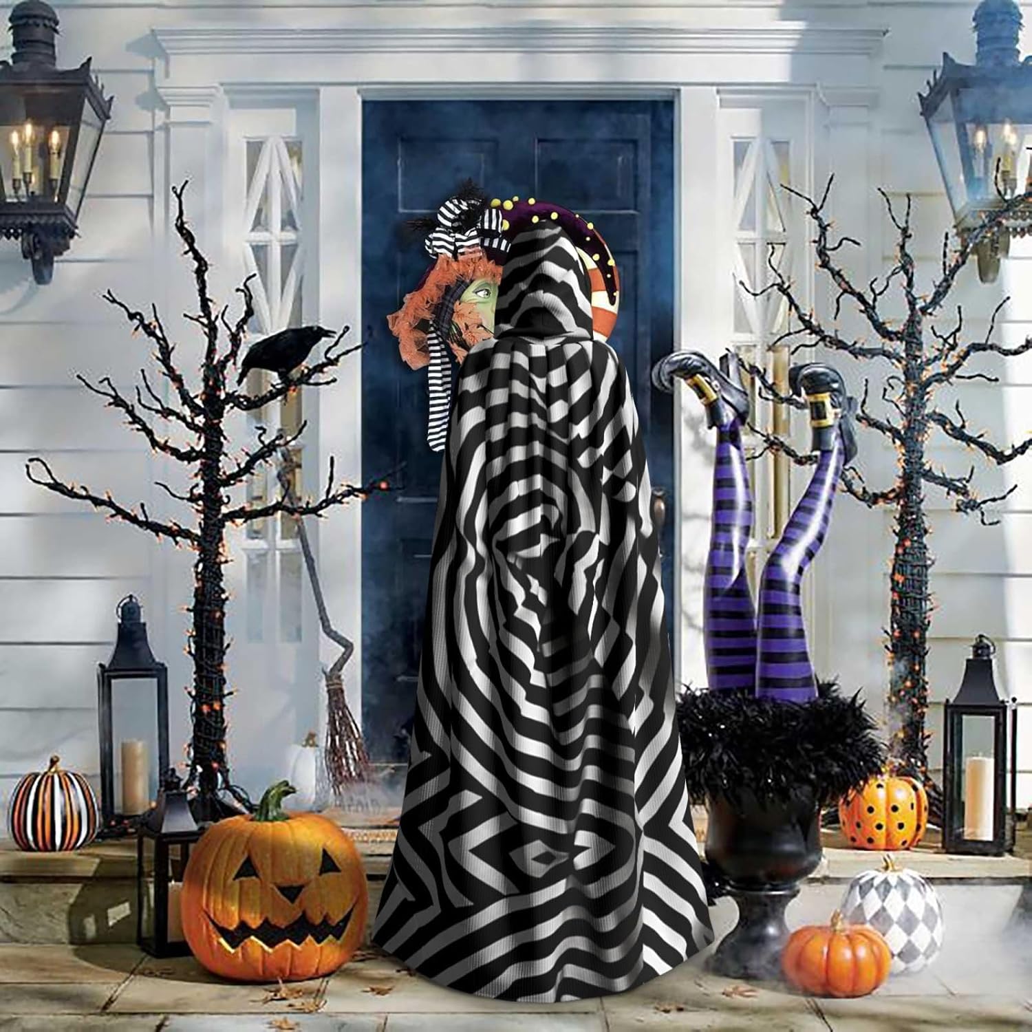 Black and white striped folding Unique Darkness Poncho Shawl - Customizable Wearable Blanket for Women, Perfect Halloween Costume Accessory, Knight, Akatsuki, and More