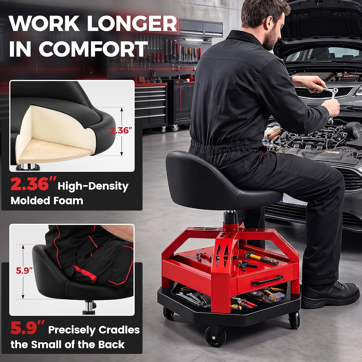 Rolling Shop Stool for Garage with Drawer, Adjustable Height, 360° Swivel