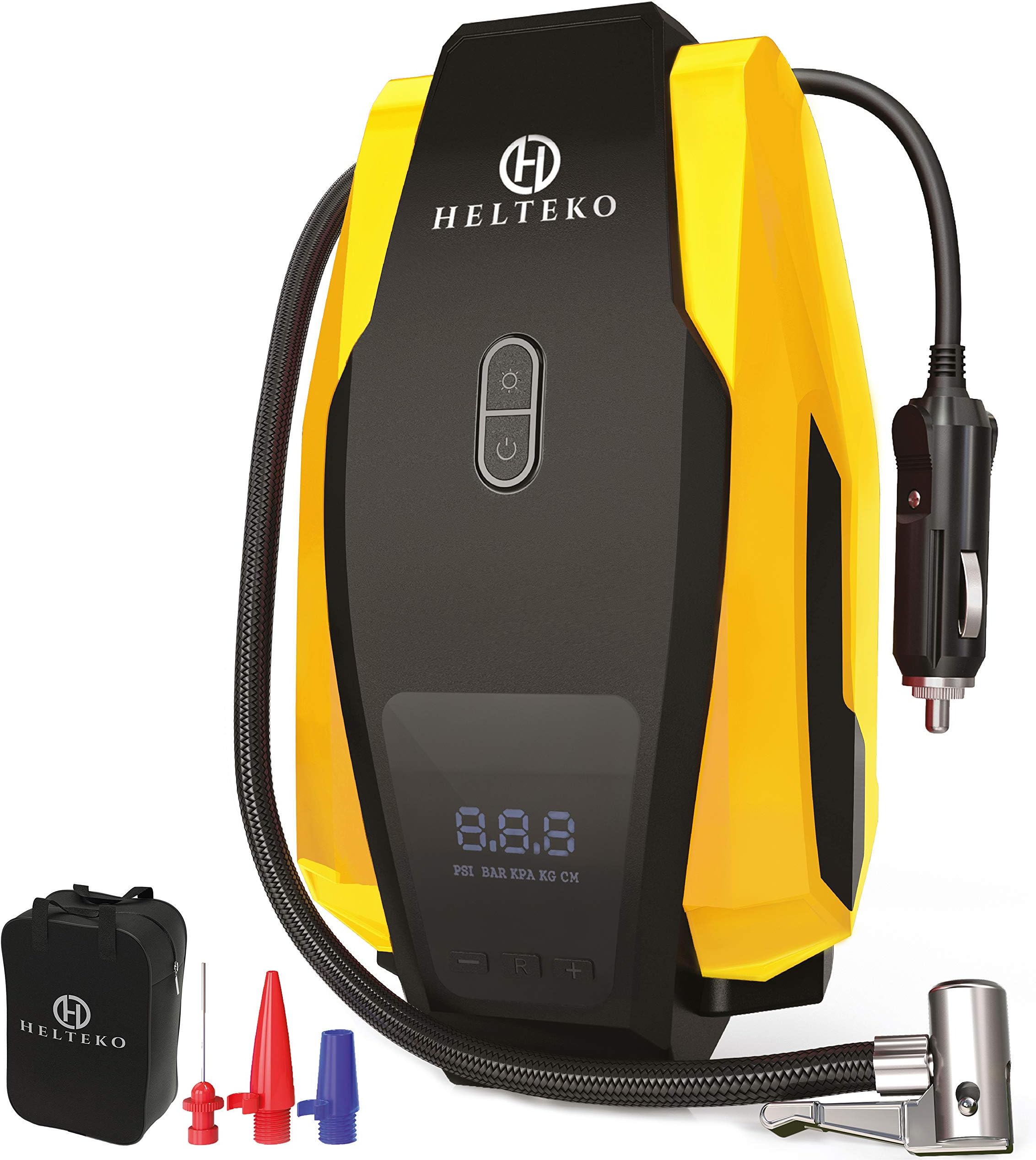 Helteko Air Compressor Tire Inflator DC 12V, Portable Car Tire Pump w/Emergency LED Light, Long Power Cord, Auto Shut Off, Electric Air Pump for Car Tire Bicycle and Other Inflatables