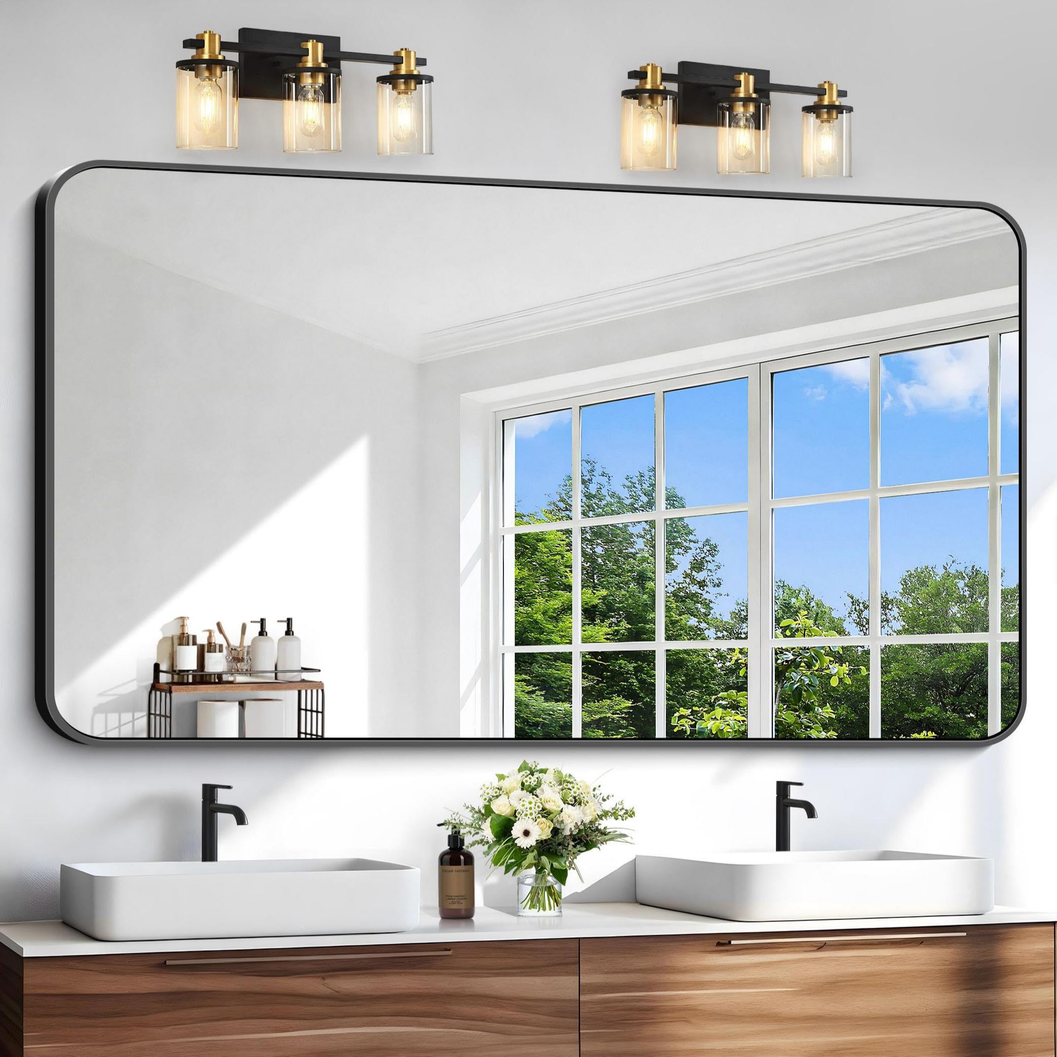 Black Bathroom Mirror, 66x36 inch Aluminum Metal Frame Rectangular Vanity Mirror, Large Wall Mounted Rectangle Mirrors with Rounded Corner for Over Sink Bedroom Living Room Horizontal/Vertical