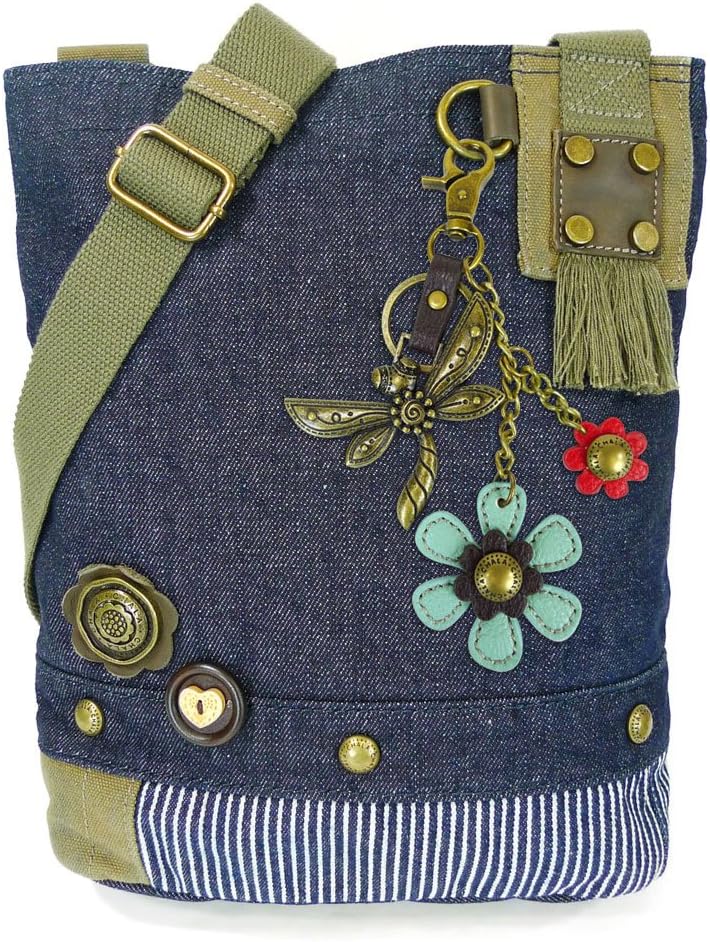 Chala Canvas Patch Cross-body Women's handbags with Dragonfly Key-Fob (Denim-Metal-DF1), Small