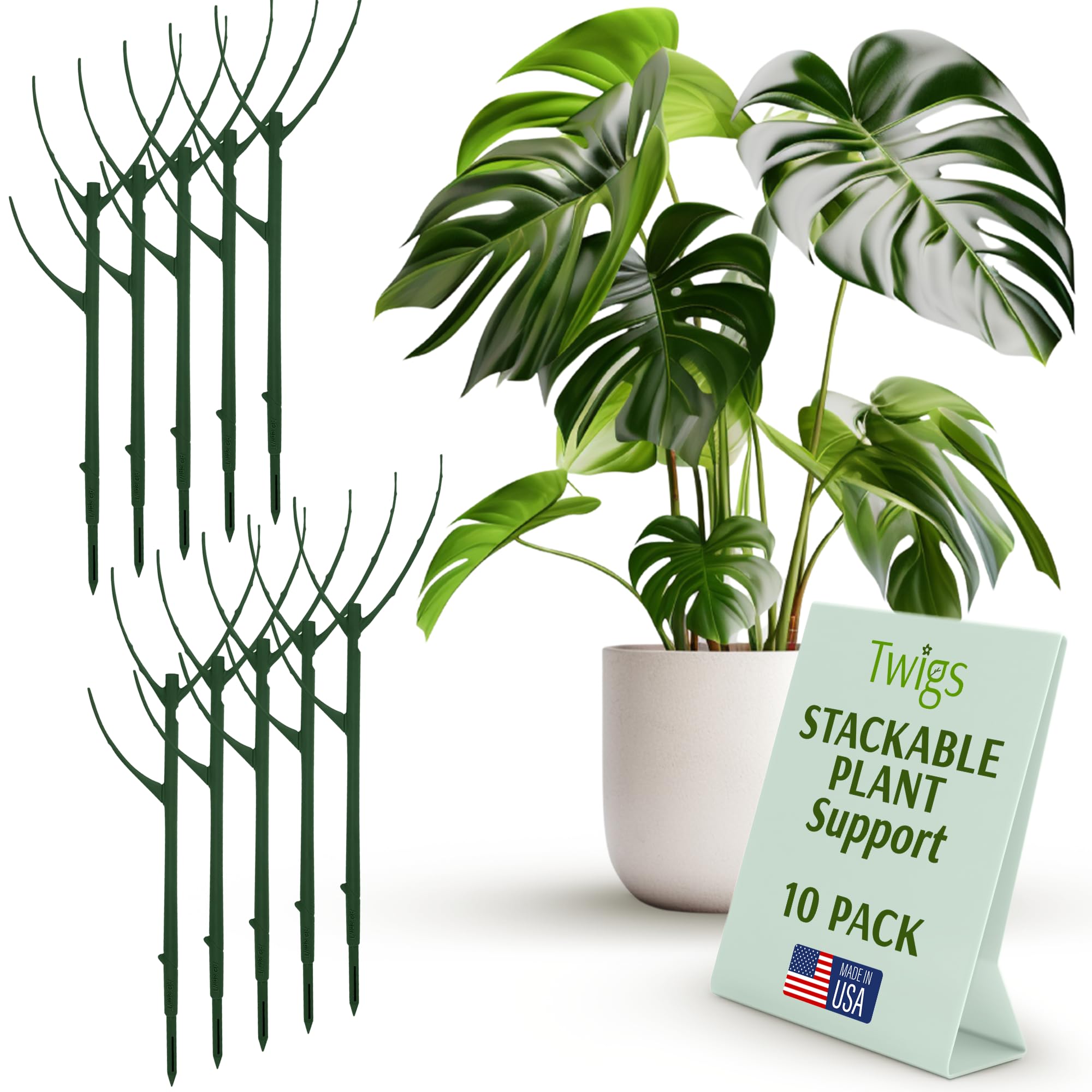 Twigs GA - Lot de 10 piquets de support empilables pour plantes d'intérieur, supports esthétiques pour plantes en pot, compositions florales et plus encore - Monstera (vert foncé) - 43,2 cm de long,