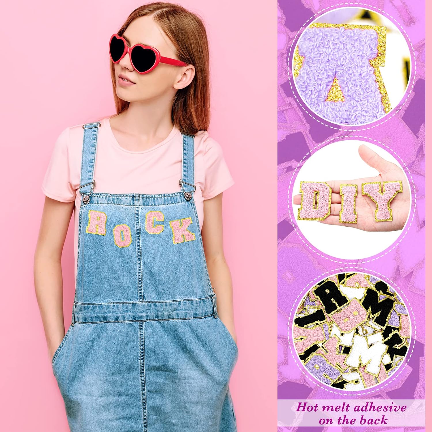 Jutom 104 Pcs Self Adhesive Chenille Letter Patches Chenille Stick on Embroidered Patch for Clothing Jackets Backpacks Hats(Classic,Black, White, Purple, Pink)