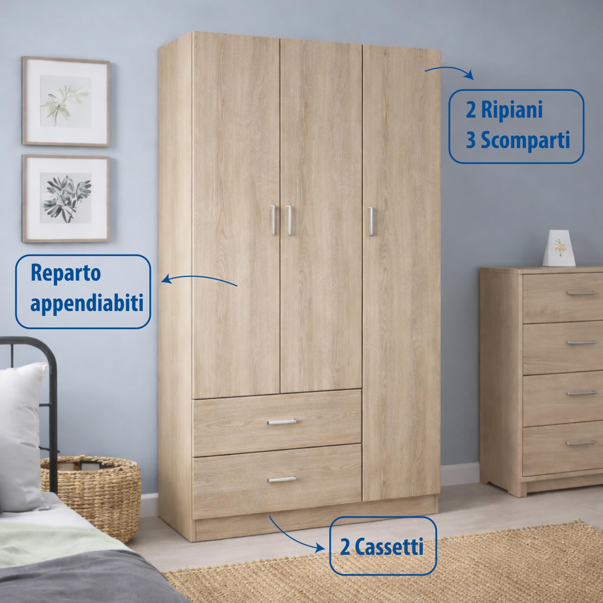 Armadio Guardaroba - 3 Ante, 2 Cassetti, Ripiani, Appendiabiti Alto, Maniglie, Struttura in Legno Truciolare, Spazioso, Salvaspazio, Cabina Armadio Grande - 120 x 52 x 190 cm (Rovere)