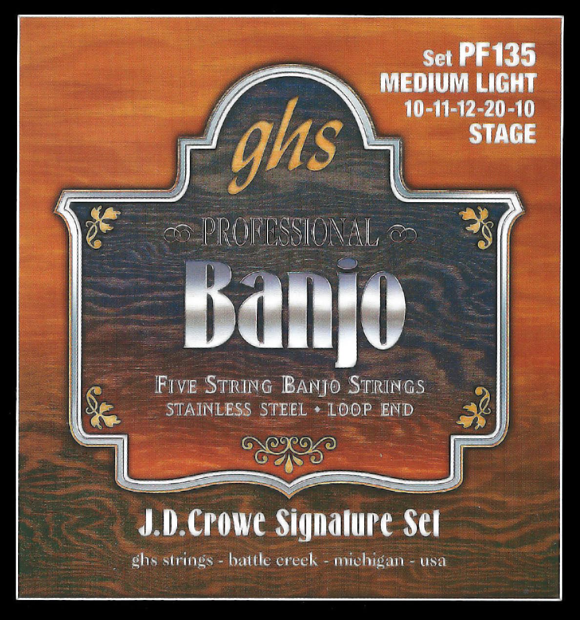 GHS Strings - 5-saitige Banjo-Saiten - J.D. Crowe Signature Set (Stage) Loop End - Medium Light Gauge - 010-020 - Modell: PF135 SET - Packung mit 3 Sets