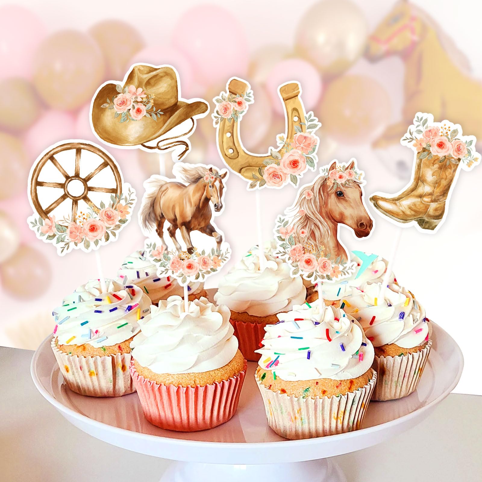 Kreatwow 24pcs Horse Birthday Cupcake Toppers for Girls Horse Birthday Decorations Western Cowgirl Party Decoration Floral Wildflower Cowgirl Party Supply for Western Bday Baby Shower