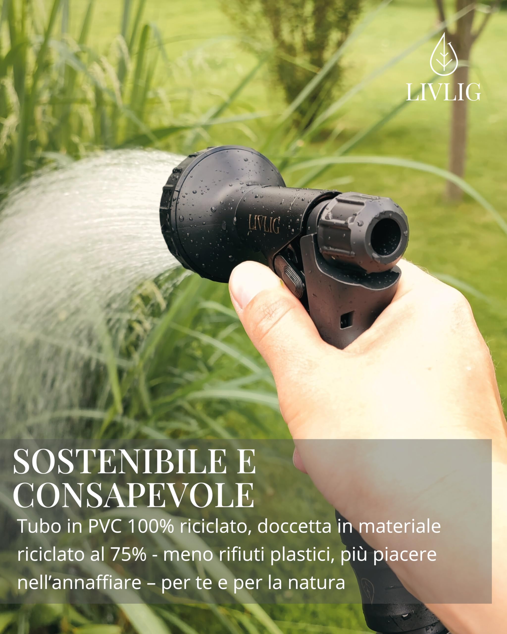 LIVLIG Tubo da giardino 30 m in set, tubo da giardino nero in materiale riciclato all'85%, tubo dell'acqua con soffione da giardino e connettore per tubo da 1/2", PureCycle