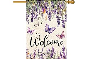 Lavender Butterfly Flower House Flag Lavender - Large Outdoor Yard Seasonal Welcome Flag 28x40