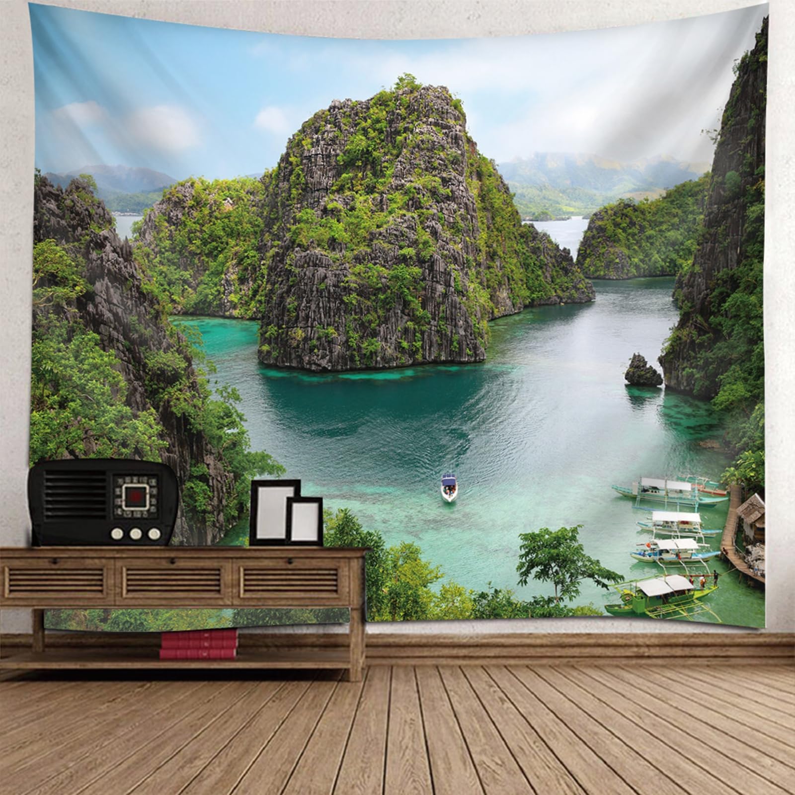 Tapiz de pared con paisaje de montañas y ríos RDSGYZ de 150 x 150 cm para salón 6