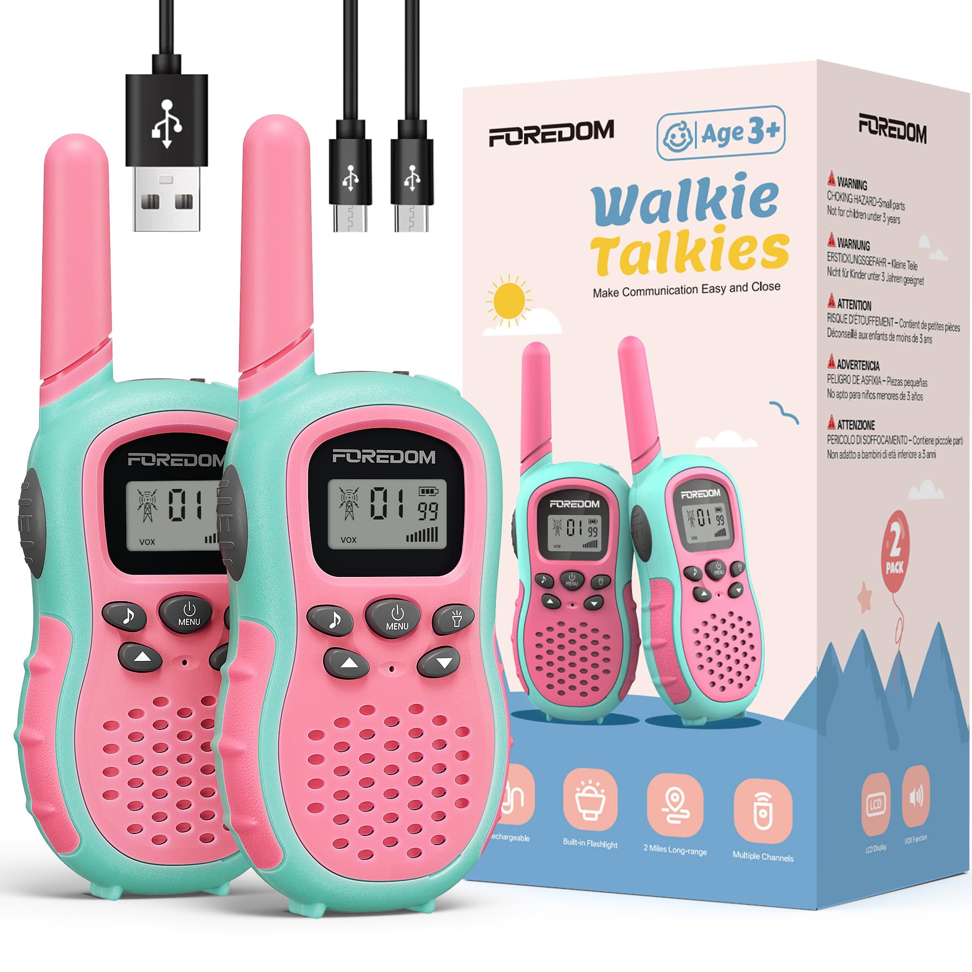 FOREDOM Talkie Walkie Enfants Rechargeable, Talkie-Walkie Longue Portée pour Garçons & Filles de 3-12 Ans avec Lampe, Lot de 2 - Rose