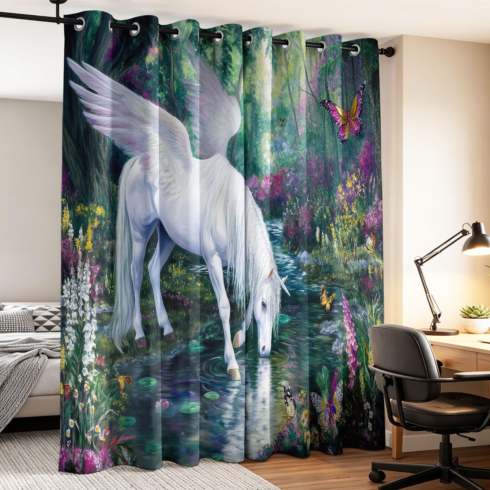 Générique Rideau Occultant Fantaisie, Rideaux Thermiques à Oeillets Licorne Forêt Illustration pour Chambre d'enfants Salon Cuisine, 140 x 160 cm(L x H) Isolant Thermiques Anti UV Rideaux, Lot de 2