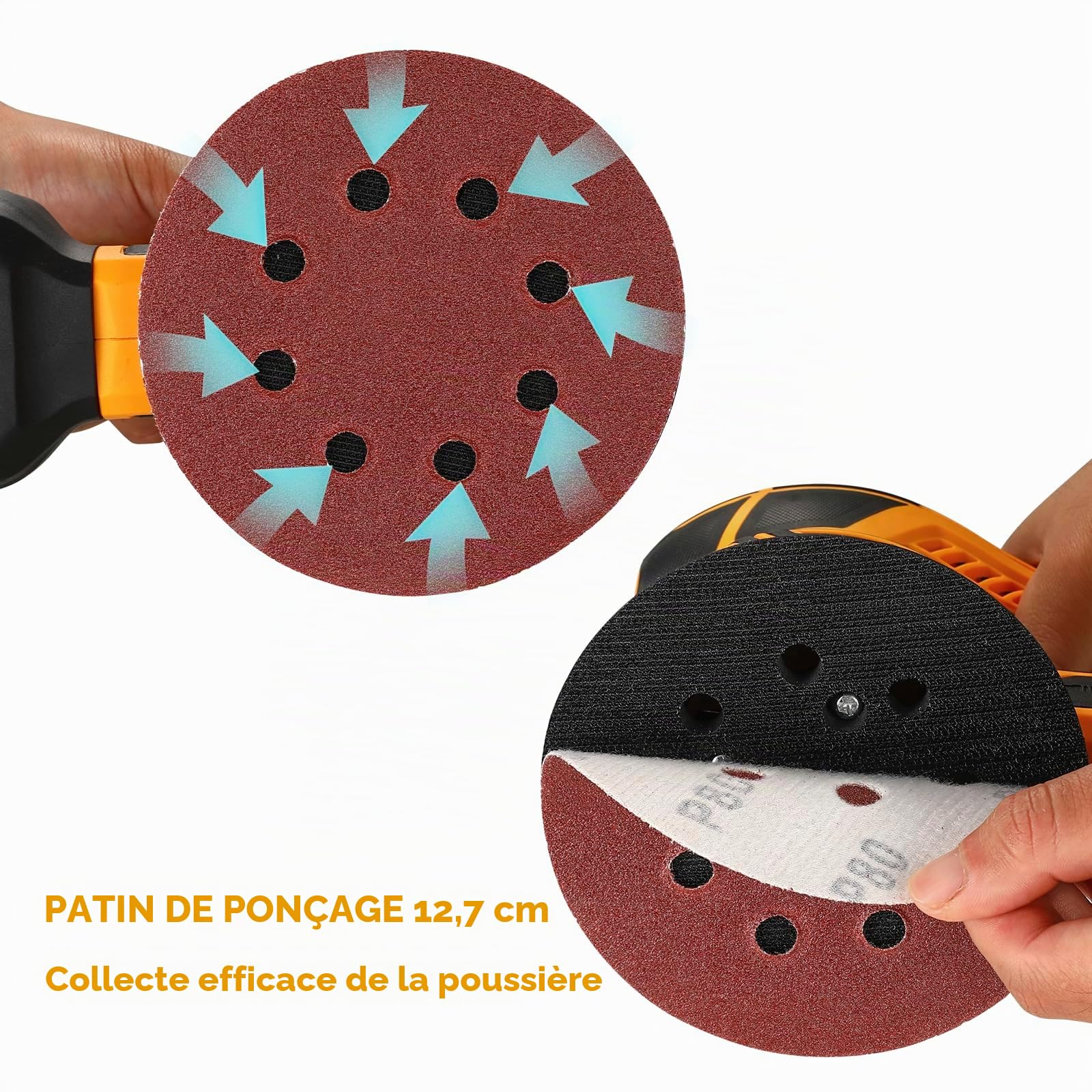 DEKOPRO 300W Ponceuse Orbitale Excentrique, 6 Vitesses, 14000RPM, Papier Abrasif 16 Pièces, Patin de Ponçage 125mm, Collecteur de Poussière, pour Surfaces en Bois et Acier