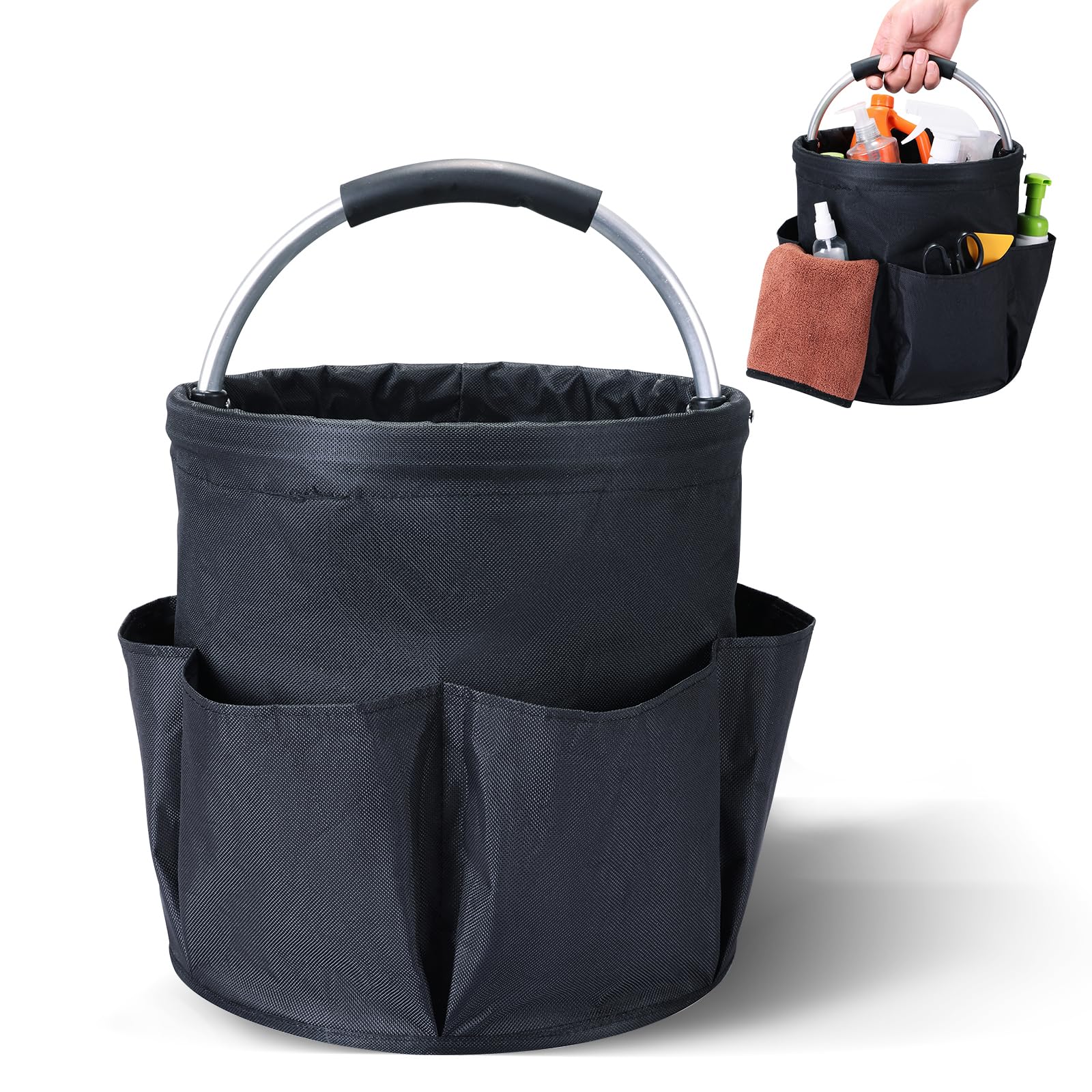 NATGAI Cleaning Caddy with Handle, 17L Foldable Cleaning Supply Caddy, Portable Bucket Organizer with Pockets, Tote Bucket Organizer for Housekeeping, Garden Detailing Caddy, Cleaning Supplies Storage