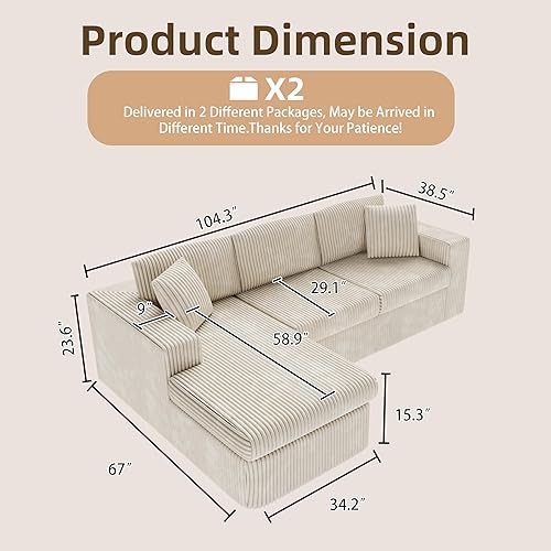 Miniatura 2 de Shintenchi Sofá Seccional Modular de 105", Sofá en Forma de L Sin Estructura con Asiento Profundo, Sofá de Espuma Nube con Chaise de Tamaño Grande,