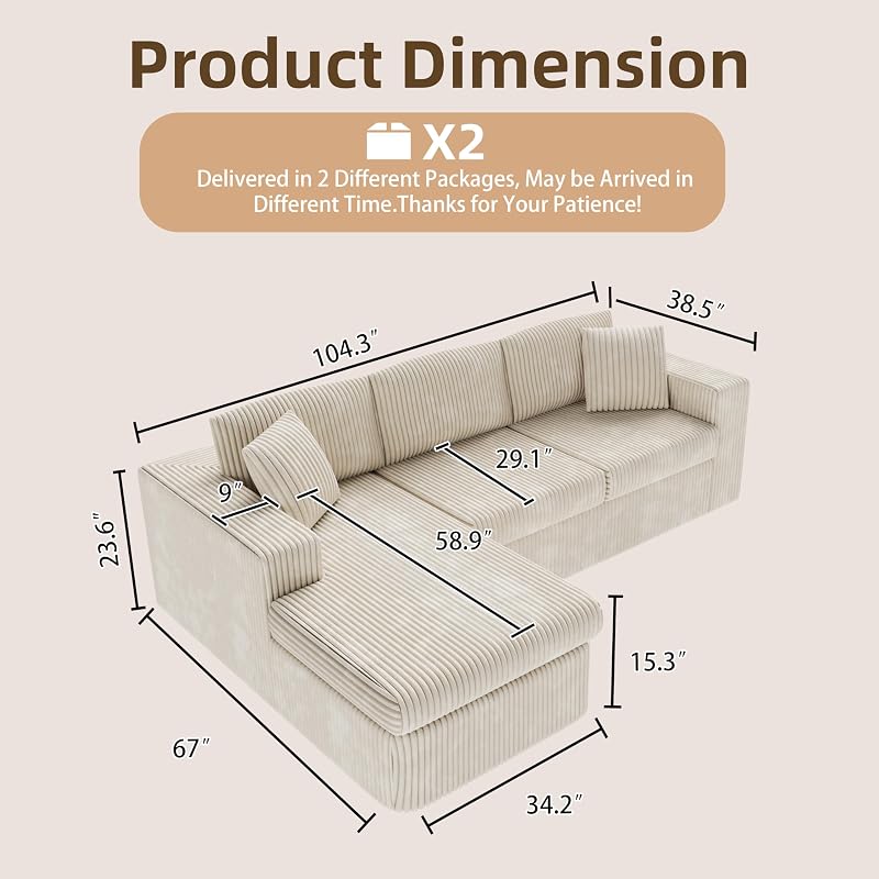 Shintenchi 104 Boneless Couch, L Shaped Modular Sectional Sofa with Deep Seat, Cloud Foam Couch with Oversized Chaise Lounge, No Assembly Required Plush Corduroy Living Room Furniture, Beige image 2