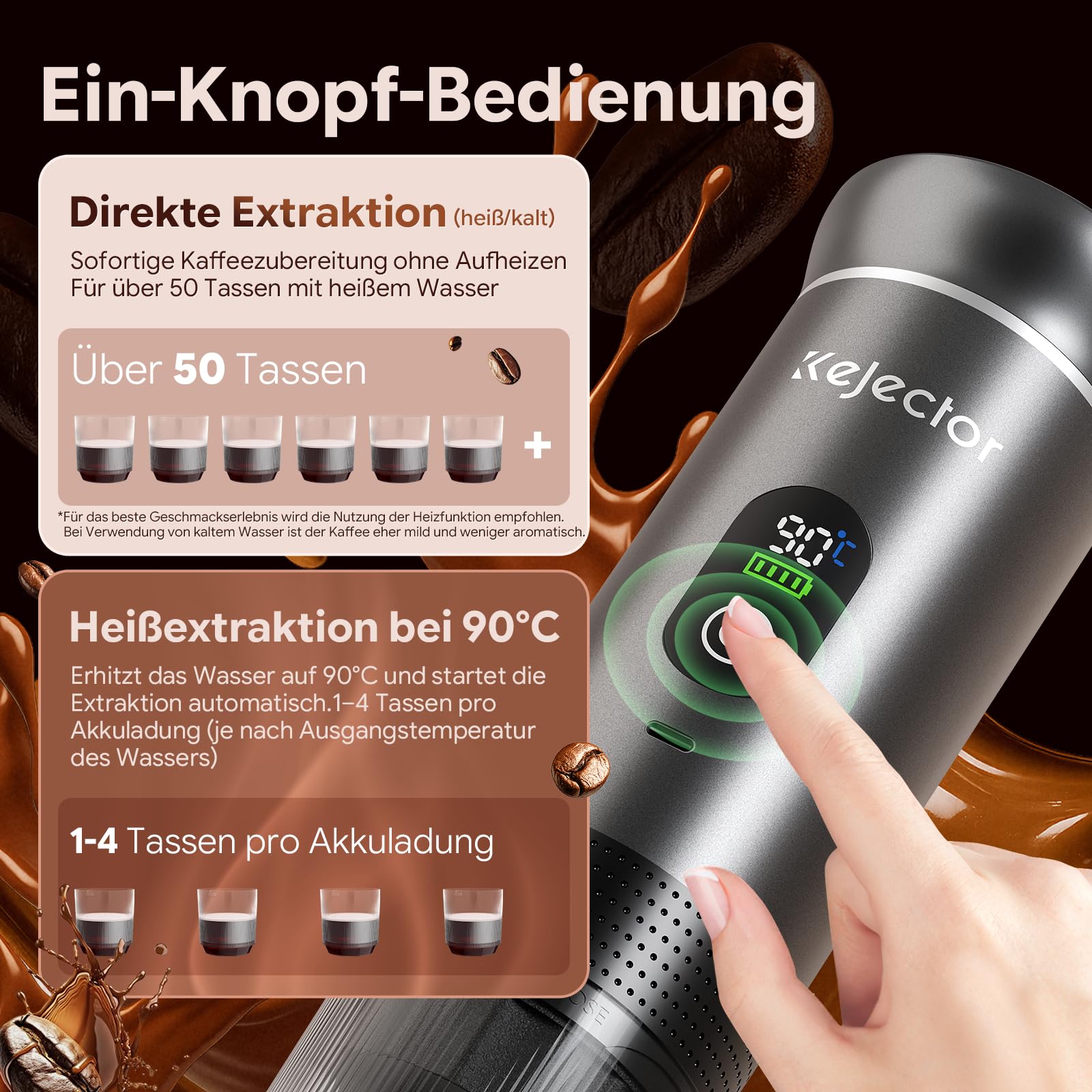 kejector Tragbare Espressomaschine mit Akku Kaffeemaschine, Espressomaschine für unterwegs, Nano Auto Kaffeemaschine, 3-IN-1 für gemahlenem Kaffee, Kapsel für Wohnmobil Wandern Camping Digitalanzeige