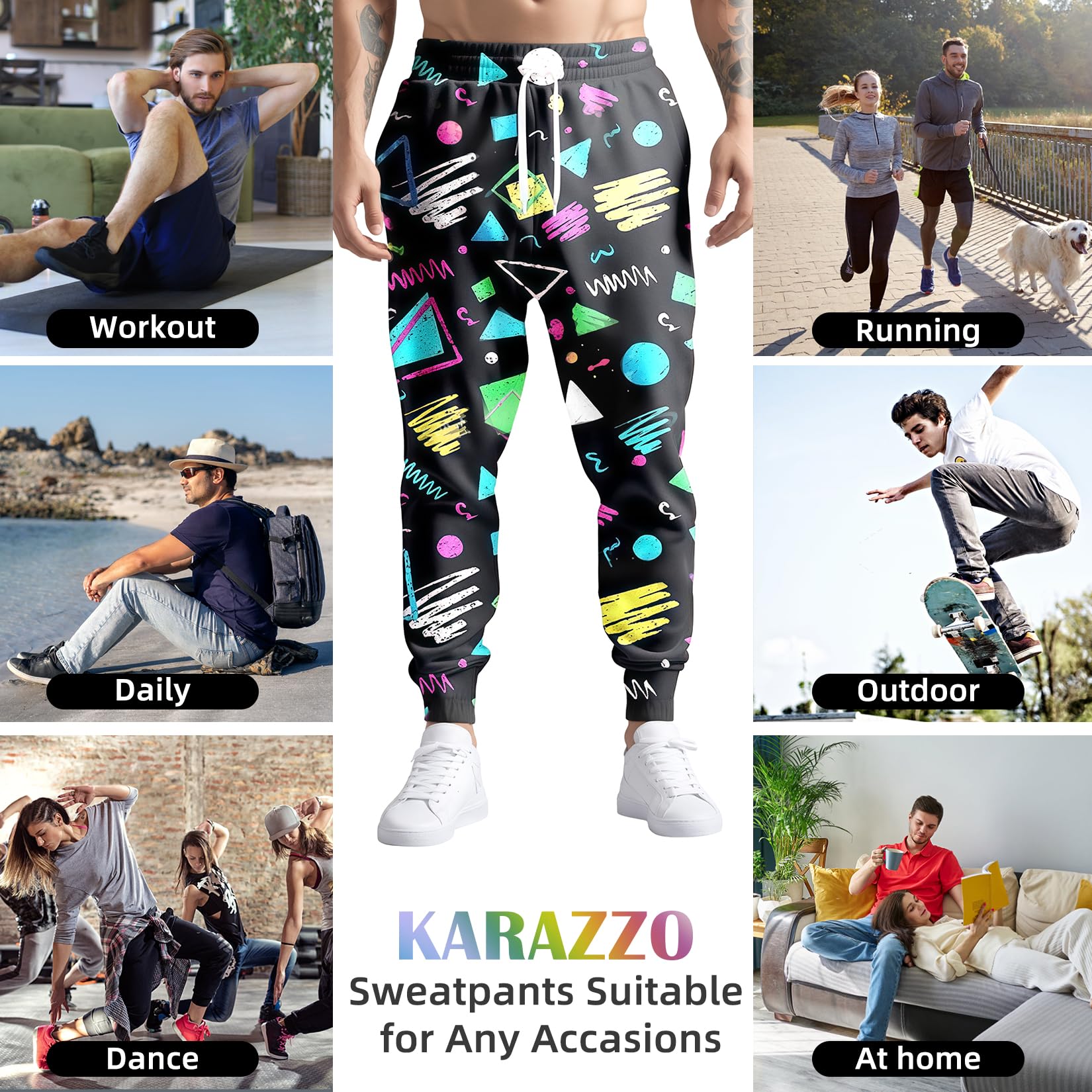 Pantalones Deportivos para Hombre de los años 80 y 90, Divertidos, para Entrenamiento, Correr, Estilo Retro, con Bolsillos, Negro -, L