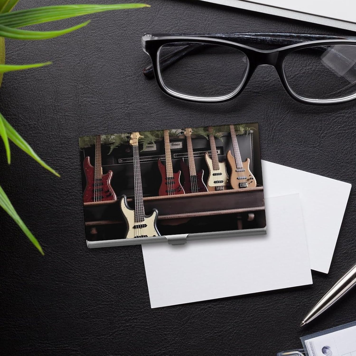 Guitar Bass Music Musical Instruments Business Card Case for Women Or Men Snaps Closed Portable Name Holder Credit Card Holder for Business Meeting Use