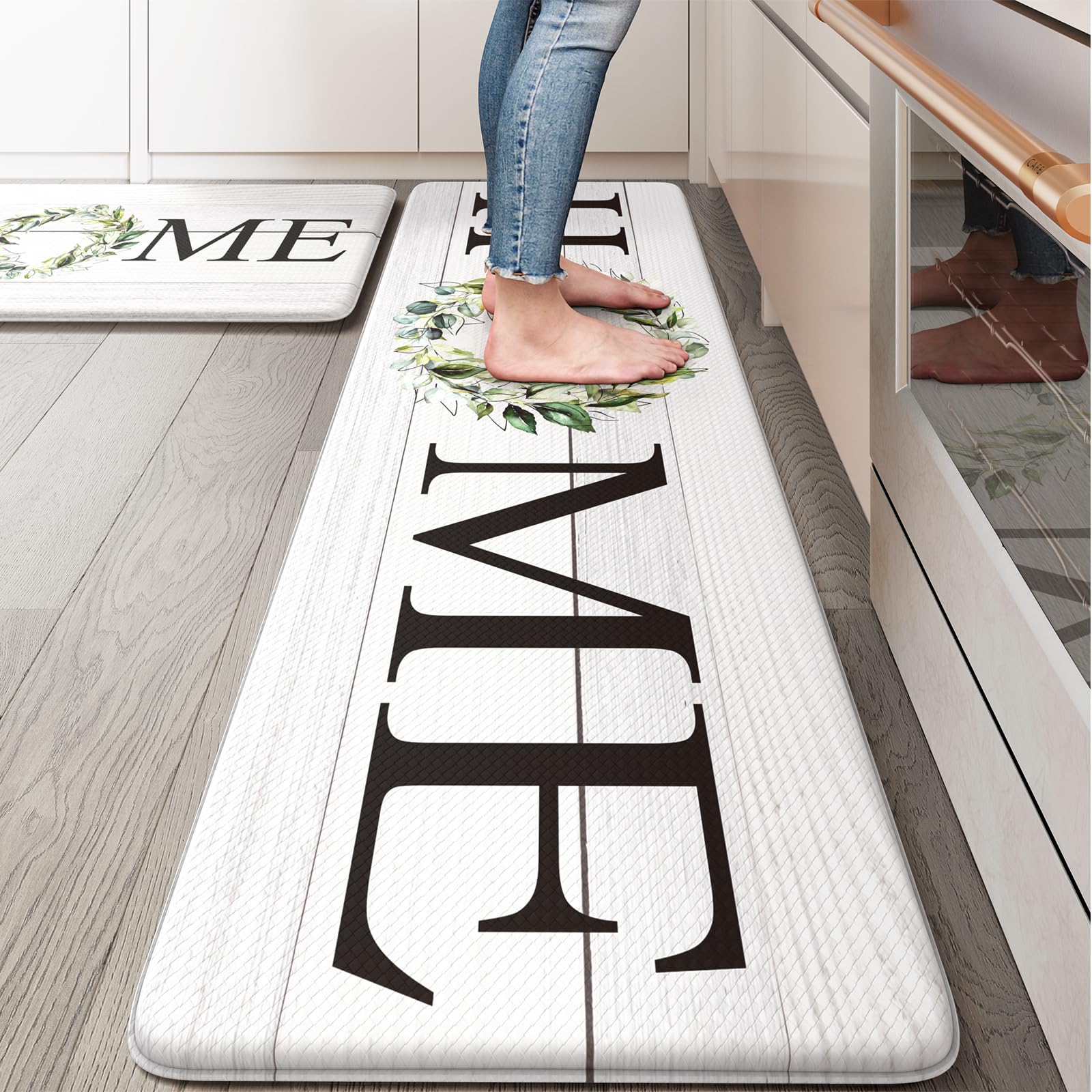 KIMODE Farmhouse Kitchen Mat 2PCS Anti Fatigue Kitchen Runner Rug Sets Non-Skid Waterproof Kitchen Floor Mat Cushioned Comfort Foam Standing Mat for Office,Laundry,Sink,Home
