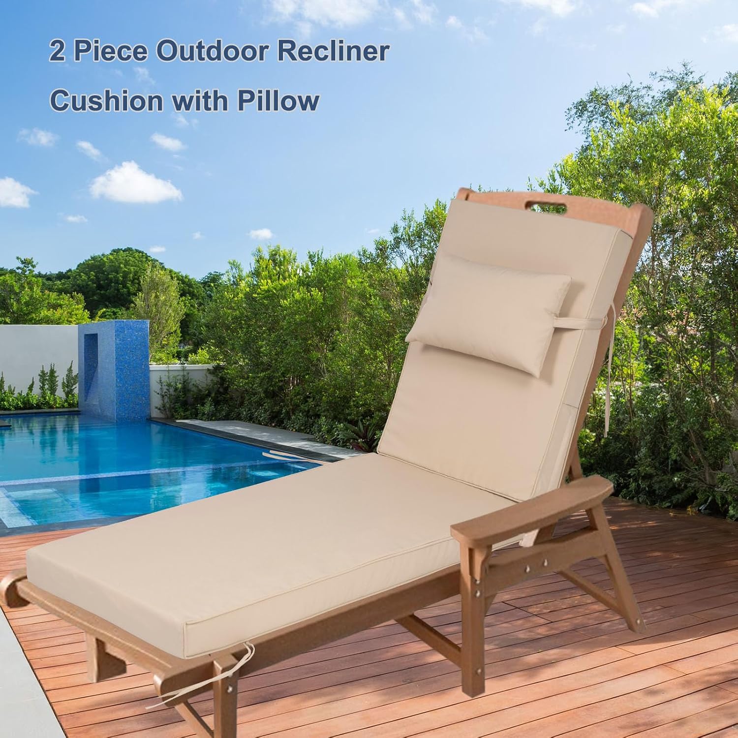 Outdoor Chaise Lounge Cushions Set of 2, Waterproof Fade Resistant Patio Lounger Cushion with Removable Cover, Replacement Sun Lounger Pad for Pool Deck Lawn (Khaki, 72 * 21 * 3 inch)