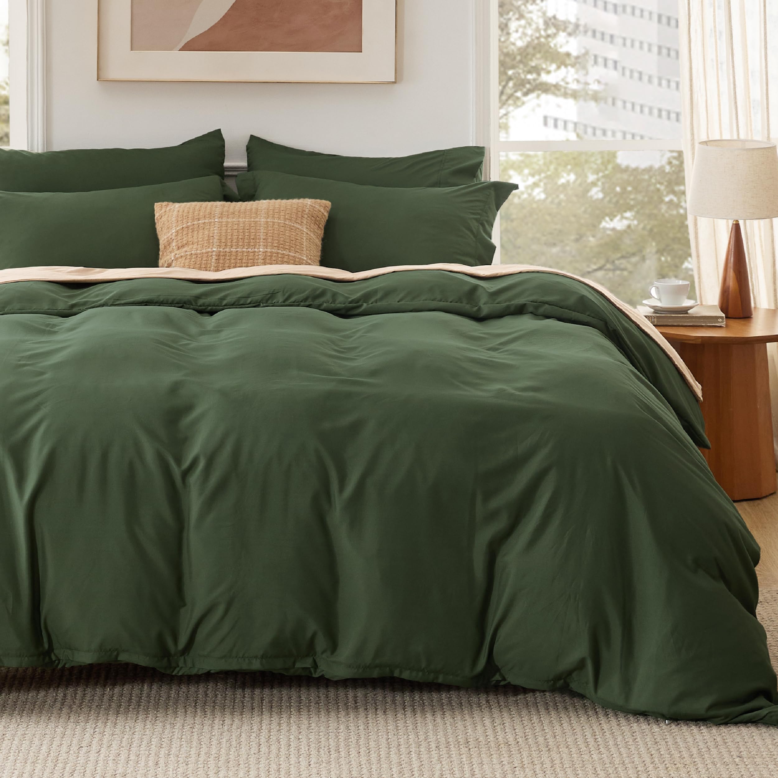 Bedsure Queen Duvet Cover with Fitted Sheet - Soft Double Brushed Bedding Set with Zipper Closure, 4 Pieces, Includes 1 Duvet Cover 90"x90", 1 Fitted Sheet, 2 Pillow Shams, NO Comforter, Olive GreenOEKO-TEX STANDARD 100