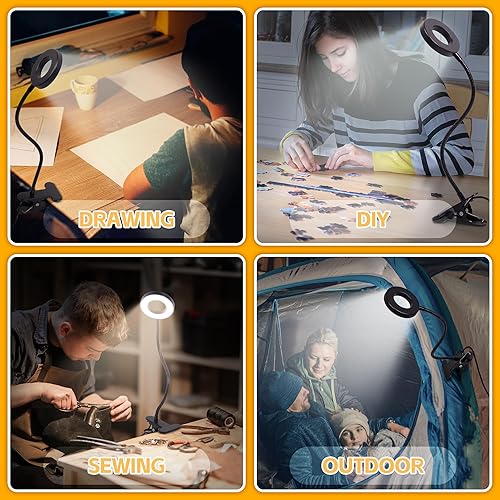 Miniatura 4 de Foneso Lámpara de escritorio con clip con adaptador, lámpara de lectura de 48 LED con puerto de carga USB, 3 modos de color, 10 niveles de brillo,