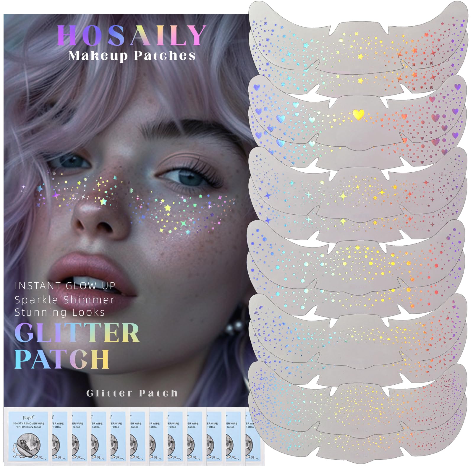 12 pcs Holographic Multichrome Glitter Freckles Face Tattoo, Waterproof Sparkle Face Glitter Speckles Patches for Women, Cute Star Glitter Temporary Tattoo Makeup Accessories for Festival Rave