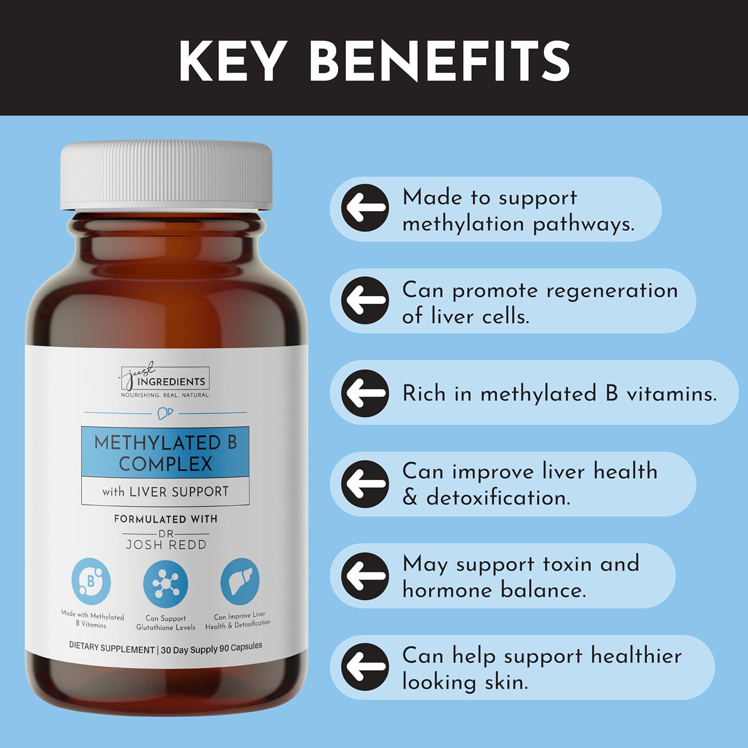 JUST INGREDIENTS Methylated B Complex with Liver Support - Energy, Detox, Glutathione, Skin - 90 Capsules - Image 4