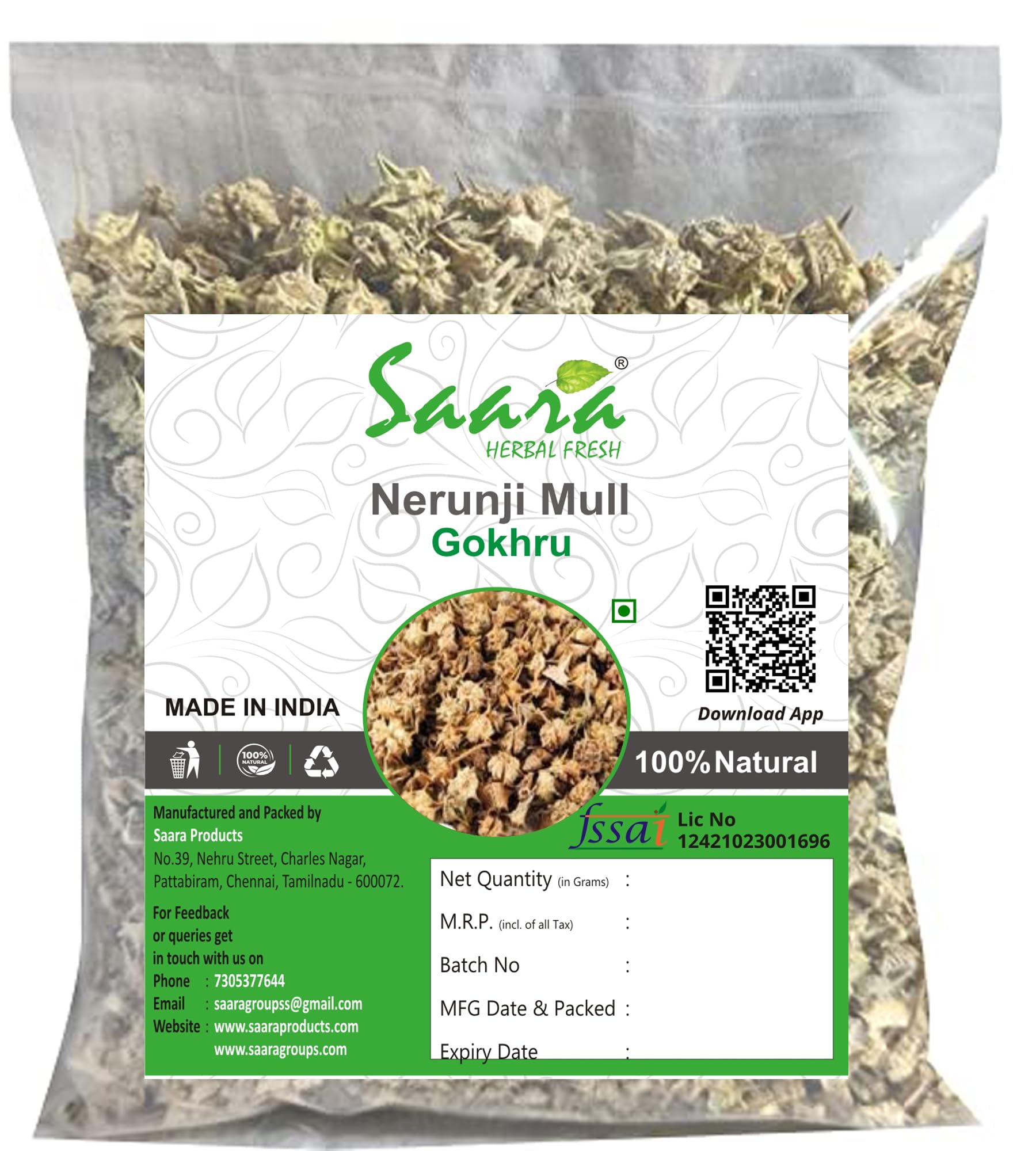 Saara HERBAL FRESH Nerunji Mull, 200g, Gokhru, Nerinjil, Cinnapalleru, Tribulus Terrestris, Neggilu Mullu Raw, (pack of 2 x 100g)