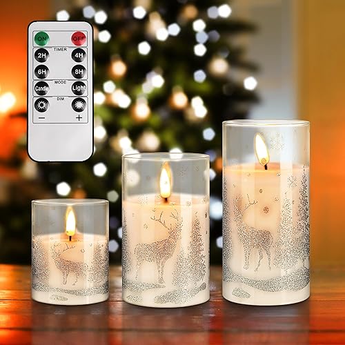 Velas LED de cristal sin llama de Navidad con control remoto y temporizador, velas de cera real que funcionan con pilas, luz parpadeante de color