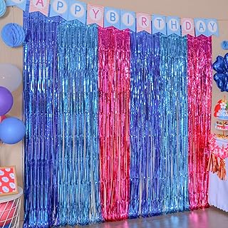 Mega-L Cartoon Birthday Party Supplies, 2 Pack Blue, Light Blue and Pink Foil Fringe Curtains, Animation Themed Photo Booth Prop, Photo Backdrop, Streamers for Kids Cartoon Birthday Party Decorations