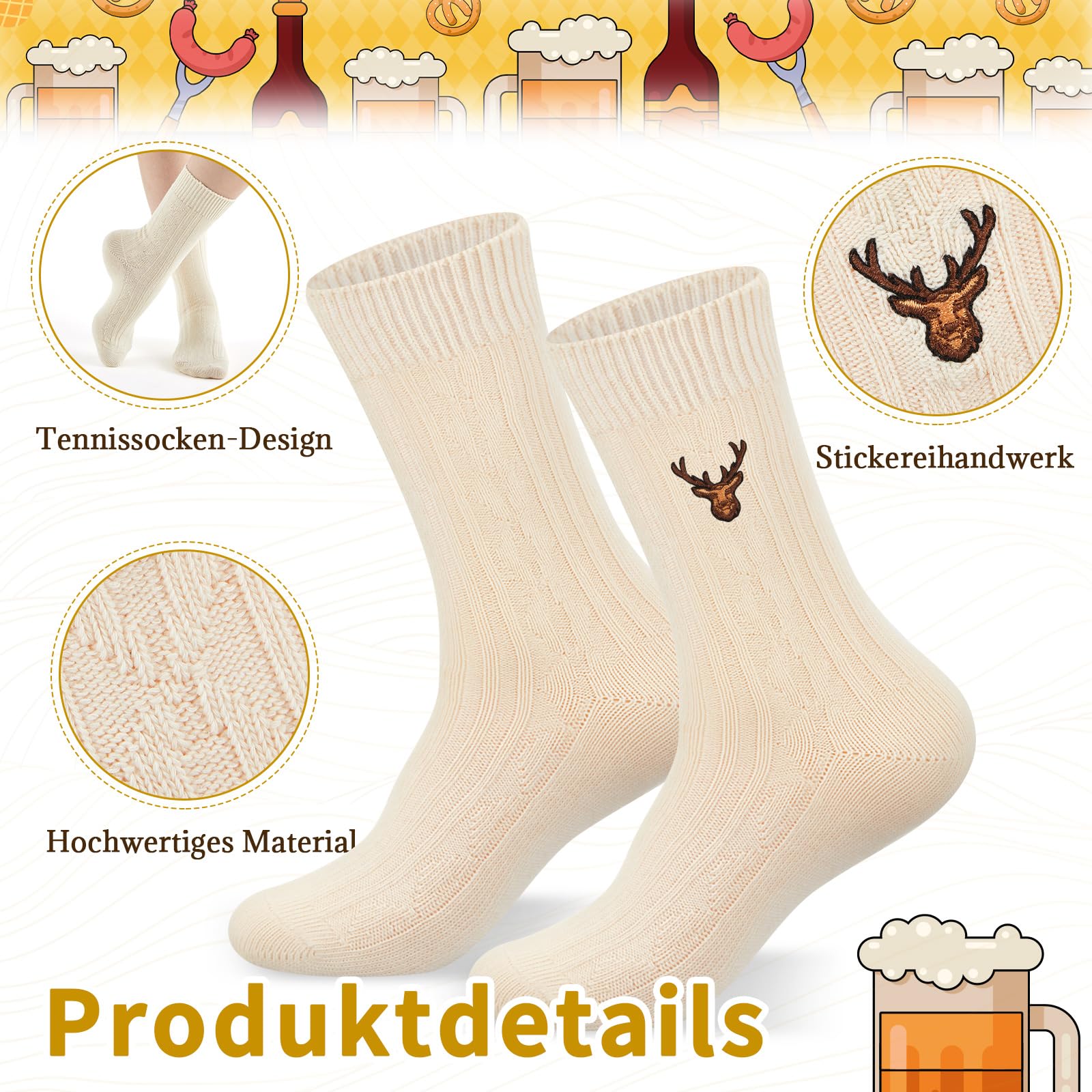 Sintege 3 Paar Kurze Trachtensocken mit Stickerei 36-42, Gestrickte Bayerische Bierfestsocken für Damen und Herren